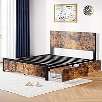 Vista 7 de coucheta Marco de cama tamaño Queen con 4 cajones de almacenamiento y cabecero, plataforma de metal resistente y madera rústica, marco de cama Queen