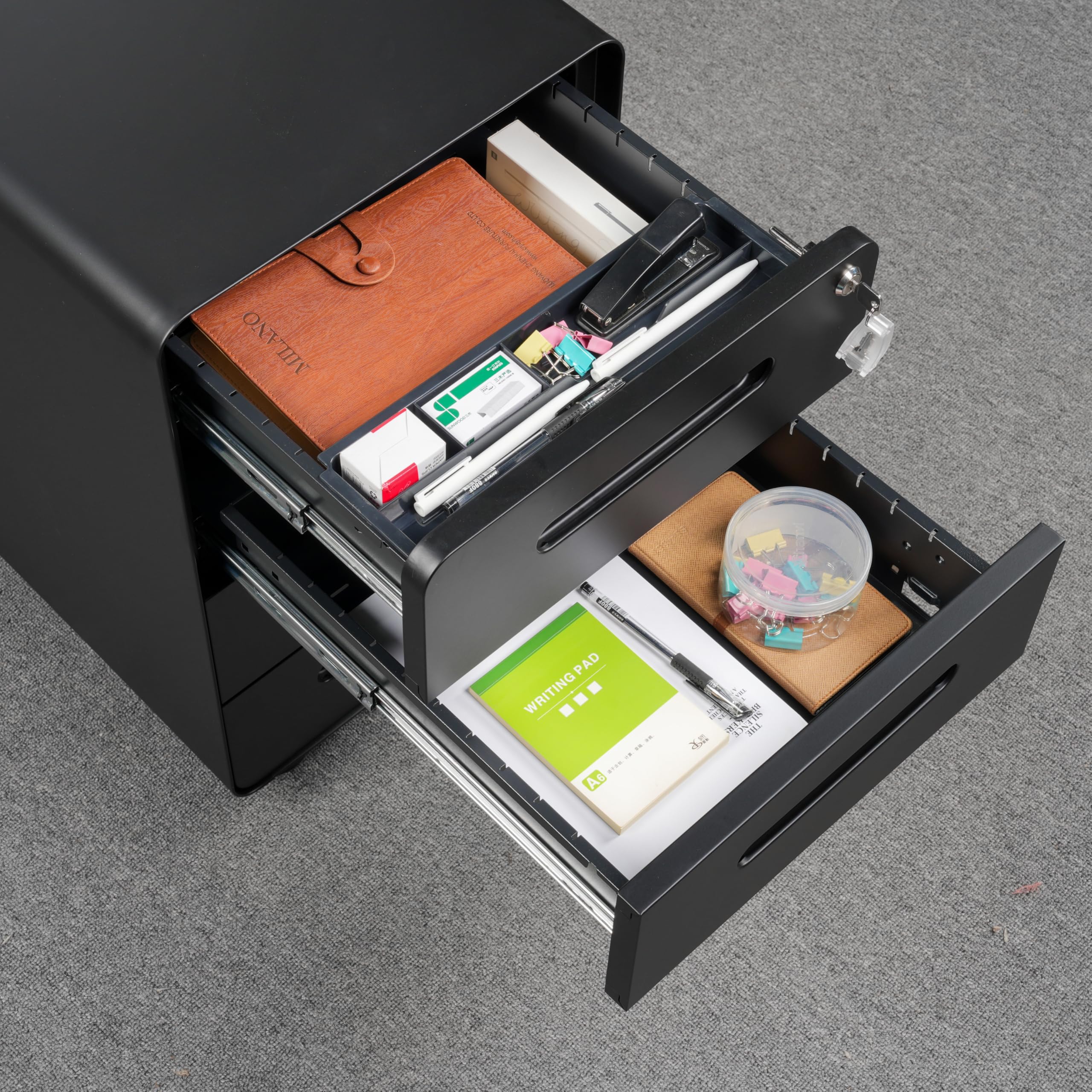 Rollcontainer mit 4 Schubladen, Aktenschrank, Abgerundetes Eckendesign, Abschließbar, 4 Schlüsseln, Schubladenschrank für Büro und Home Office, Schwarz