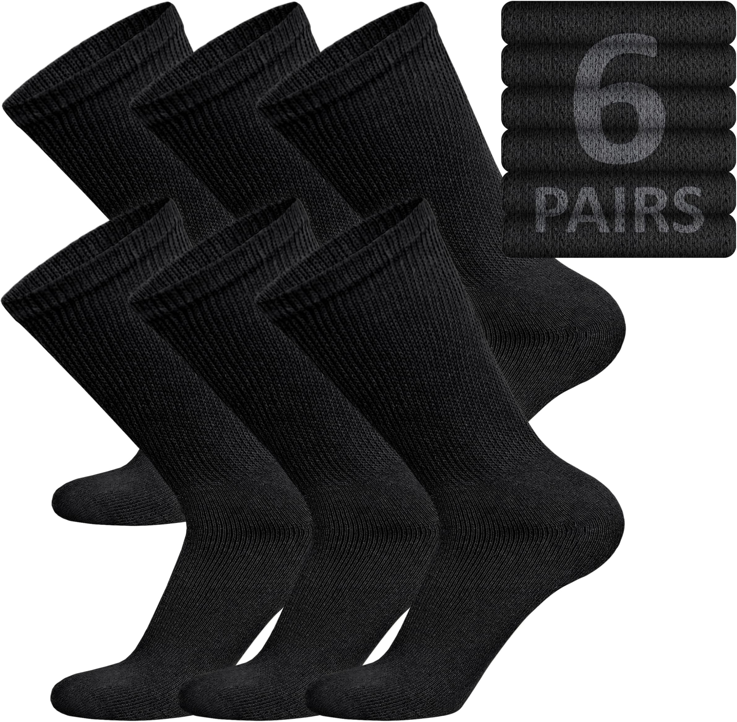 6 Pairs of Cotton Diabetic Non-Binding Neuropathy Crew Socks (Black, Fits Mens Shoe Size 12-14.5)