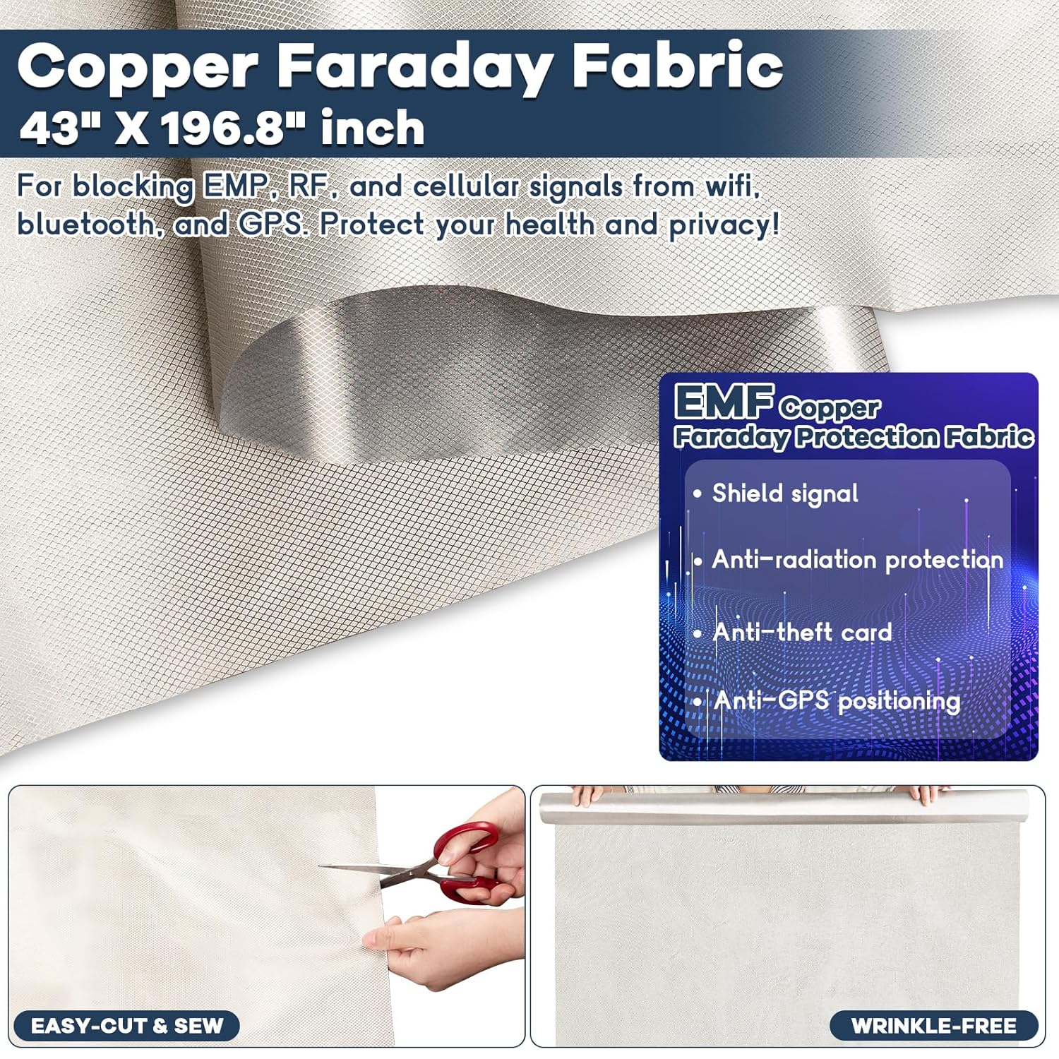Faraday Fabric 43” x 196.8”, Military Grade Signal Blocking Cloth Shields, Conductive Material Cover for WiFi, Cell, Bluetooth, RFID, EMP Protection with Faraday Tape