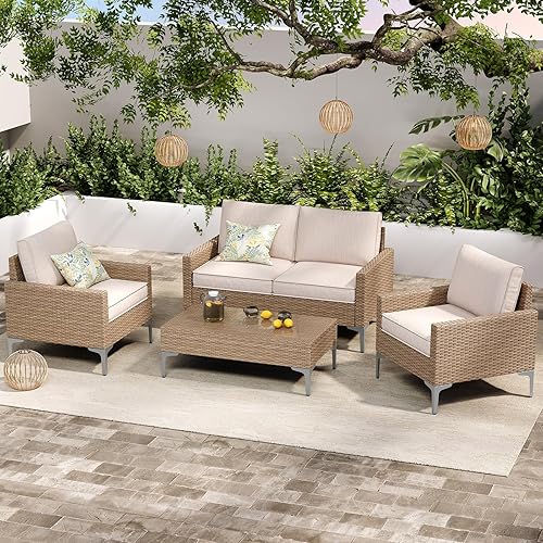 4-Piece Outdoor Patio Furniture Set with Coffee Table, Loveseat and Chairs, All-Weather Wicker Patio Sofa Set with Cushions for Garden, Poolside, Porch, Beige
