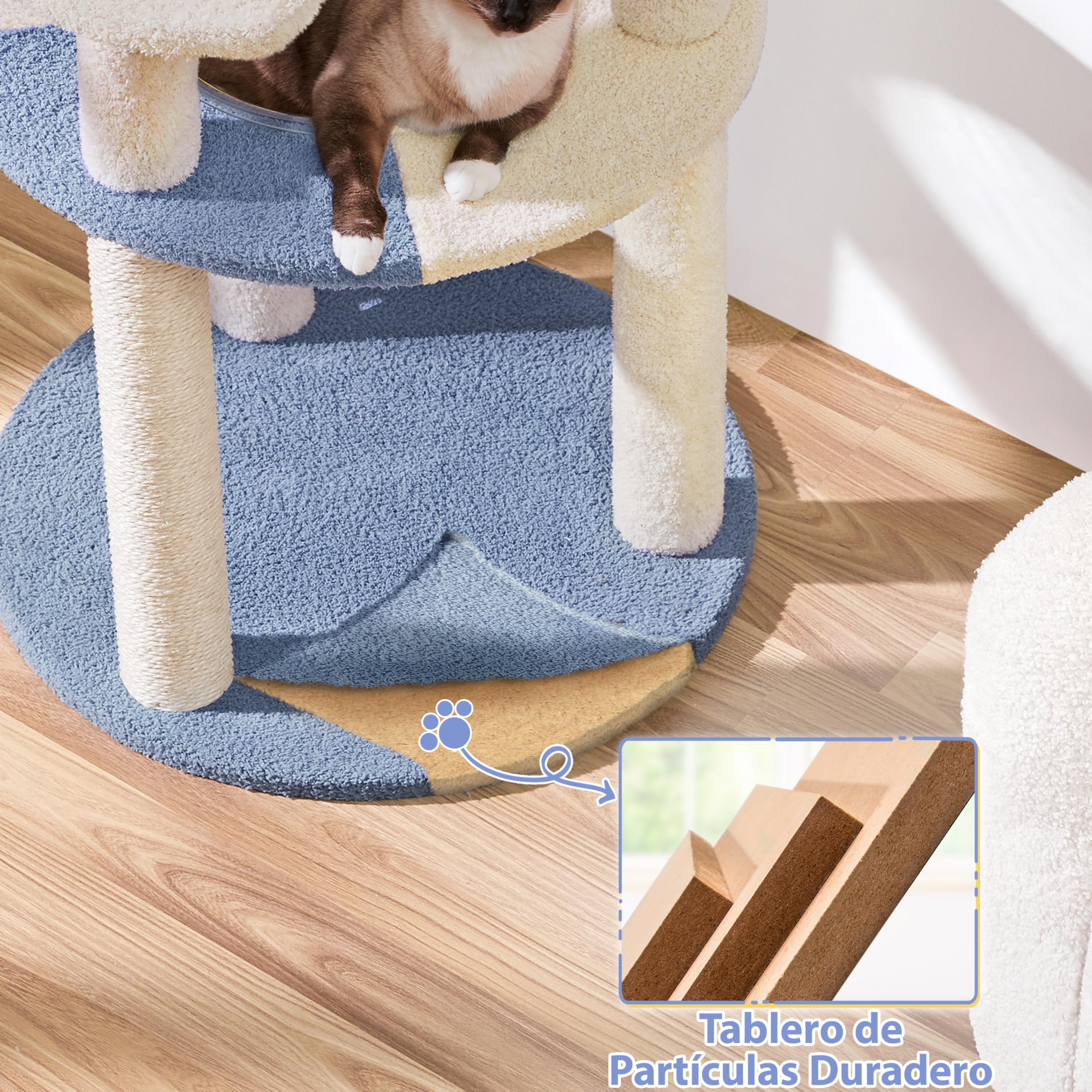 Yaheetech Árbol Rascador para Gatos 90 cm con Soporte Centro Azul y Beige | Cesta Redonda Transparente, Perca superior, Plataforma en forma de paz, Poste sisal resistente,Fácil montaje, Ahorra espacio