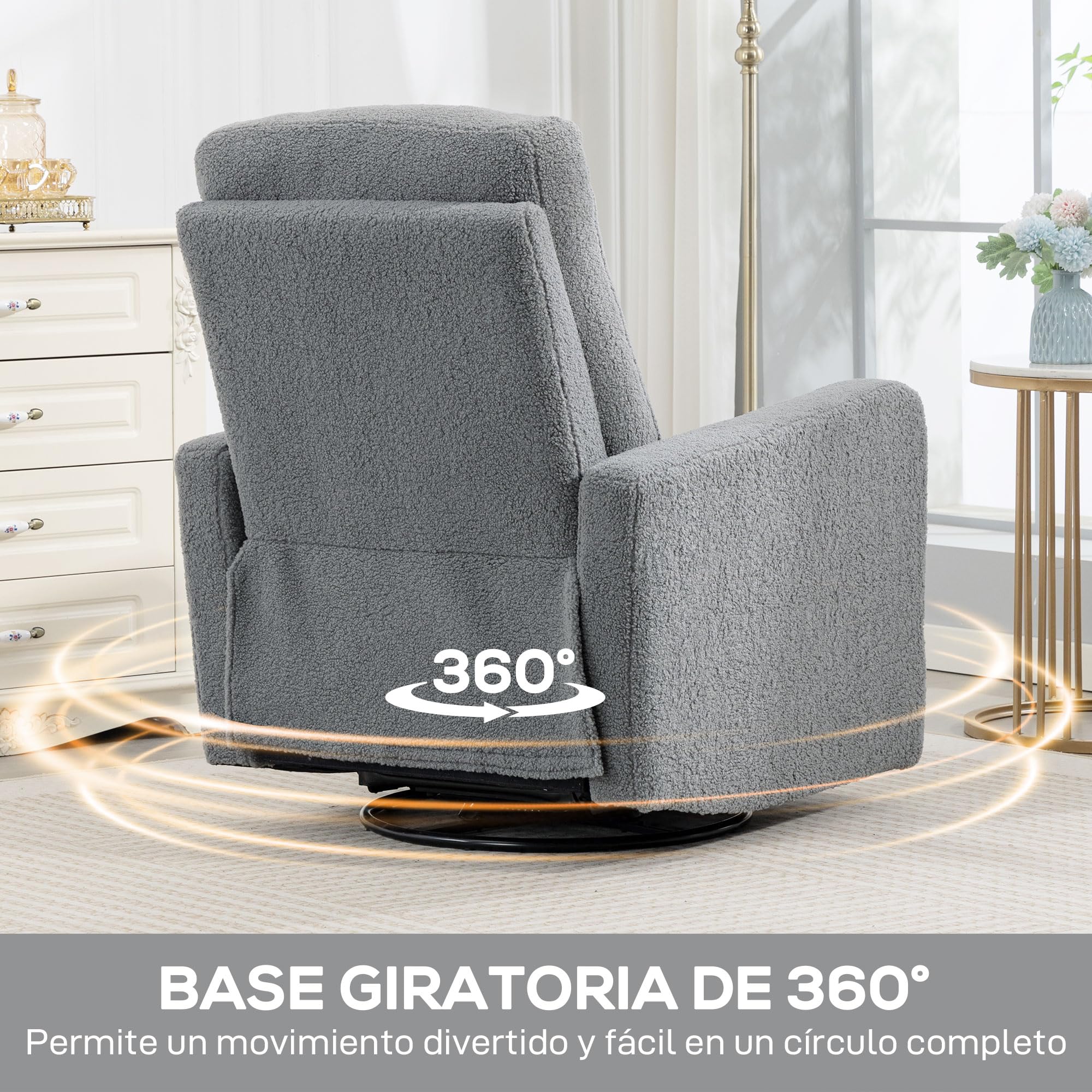 HOMCOM Sillón Relax Reclinable Manual, Sillón Relax de Borreguito con Reposabrazos, Reposapiés, Acolchado Grueso, Función de Balanceo 360°, Butaca Reclinable hasta 135º para Salón, Dormitorio, Gris