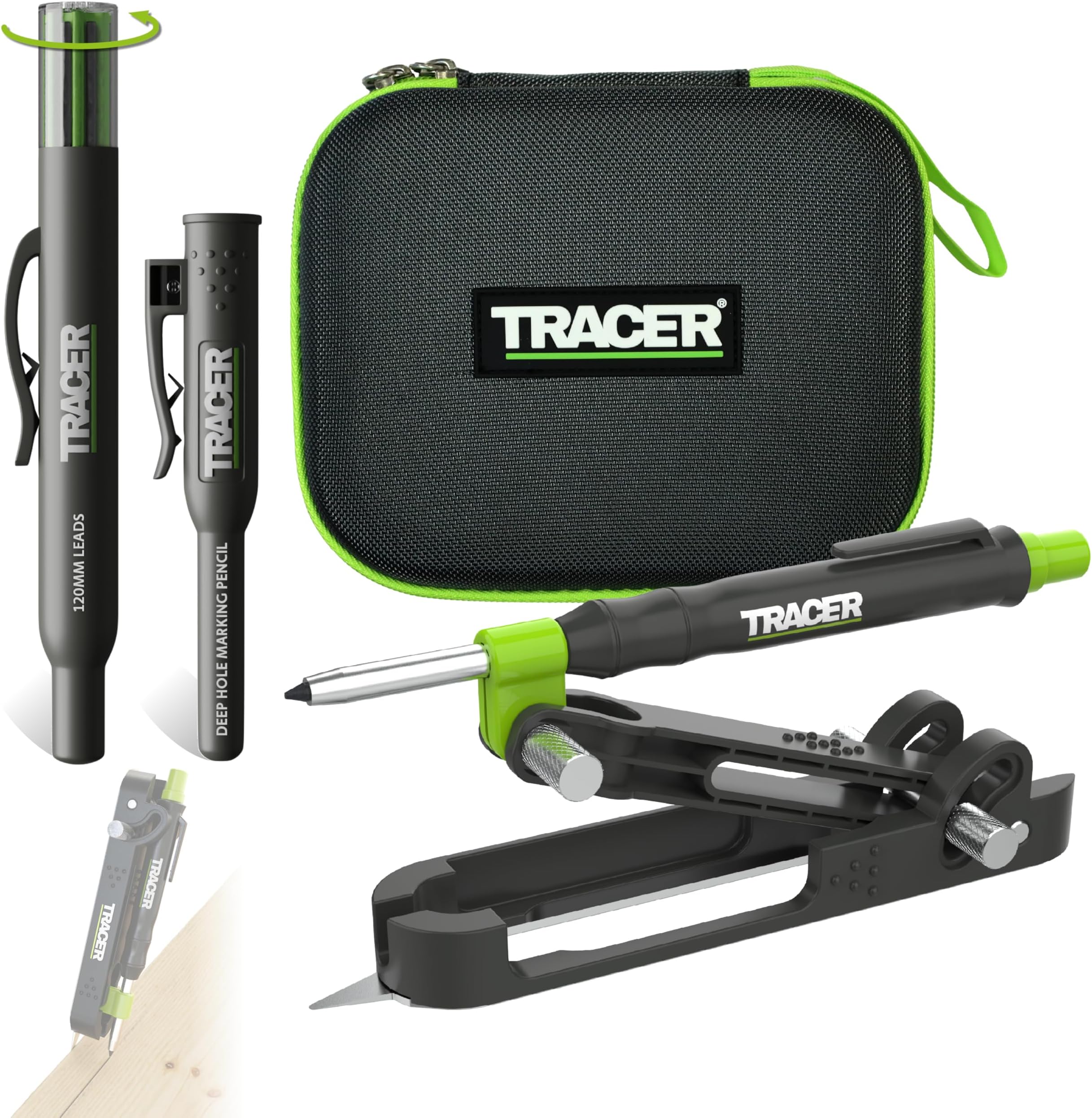 Tracer ProScribe Tool with Deep Hole Pencil, Lead Holster and Carry Case (DIY, Woodworking, and Carpentry Multi-Function Scribe Tool)
