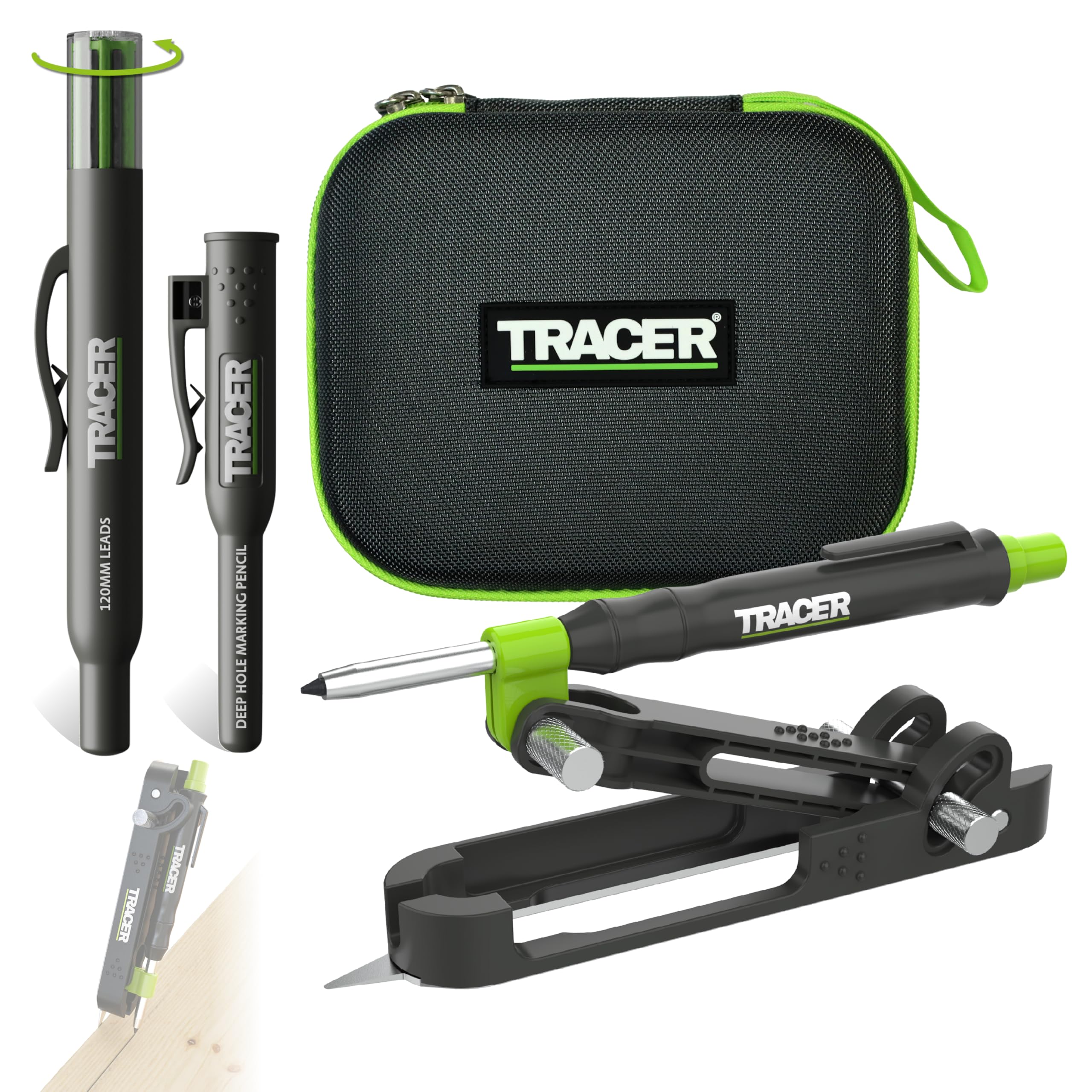 Tracer ProScribe Anreißwerkzeug Set – Multifunktions-Ritzgerät mit Tieflochmarker, 6 Ersatzminenhalter & Tasche | 15 Markieranwendungen | Anreißgerät für Holz, Fliesen & Metall