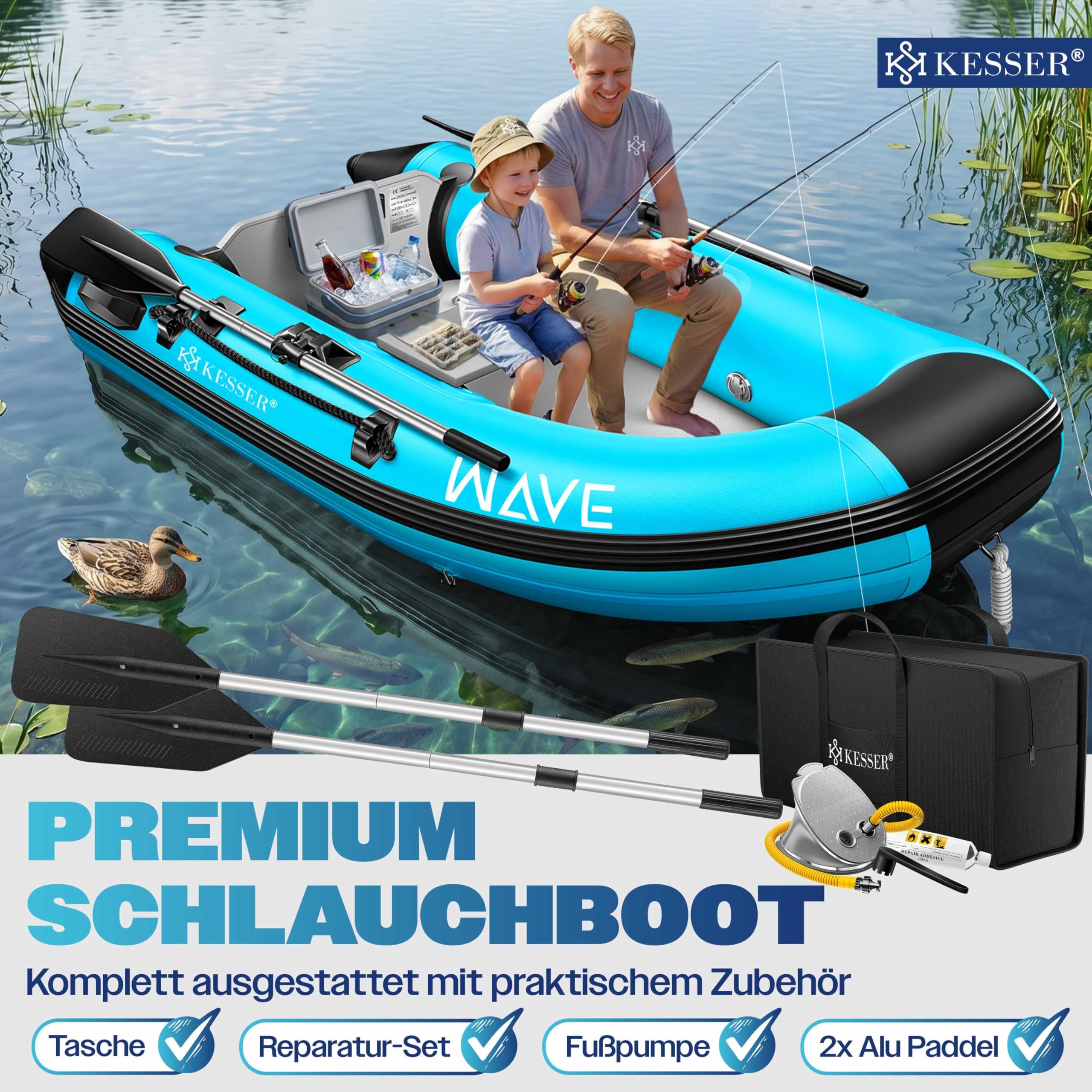 KESSER® Bateau gonflable Wave 230-380 cm Set de 6 pièces gonflables – Bateau + banc, pompe à air, pagaie, kit de réparation, sac, bateau de pêche, bateau à pagaie petit et grand – Combinaison moteur