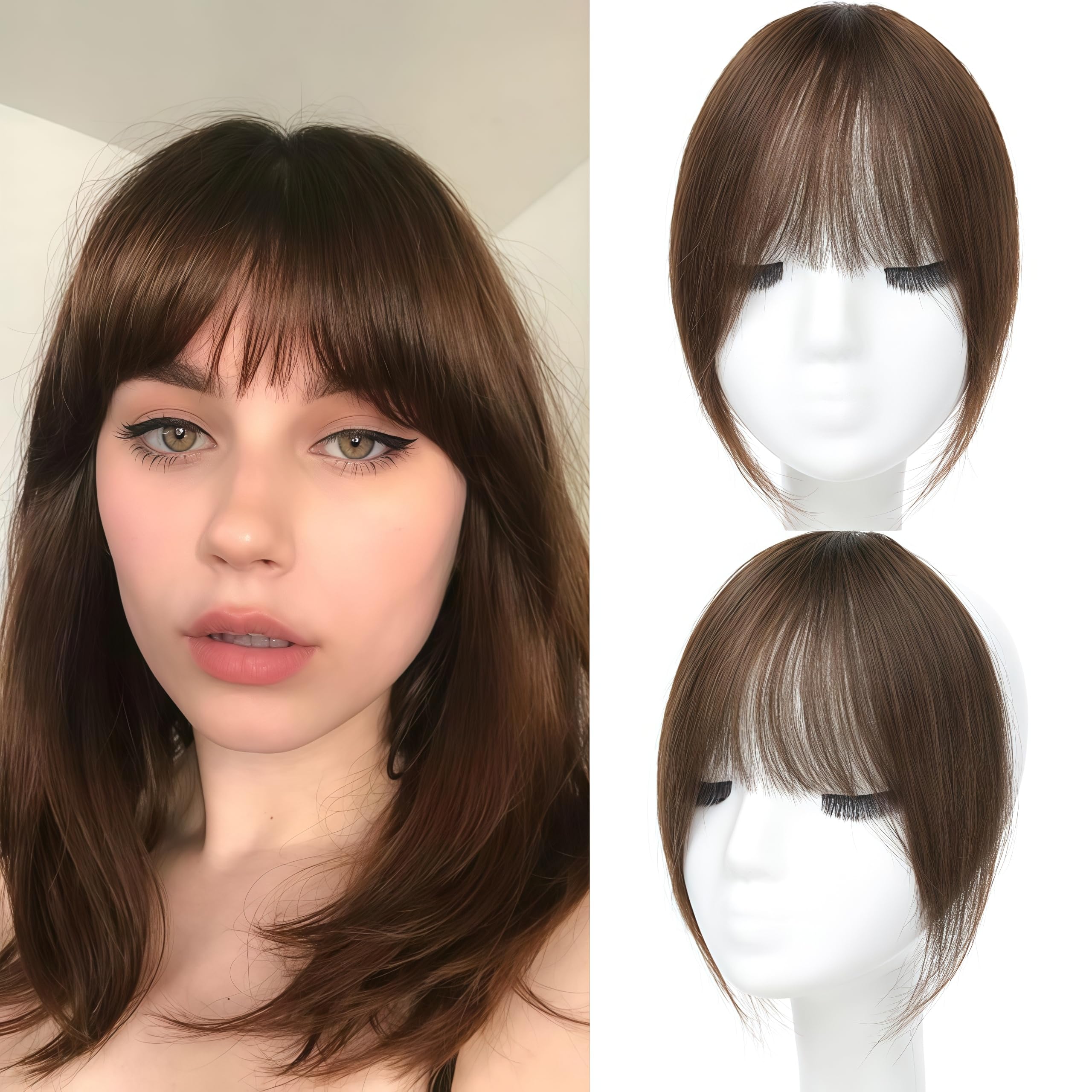 clip in bangs, 100% real human hair french fake bangs hair clip for women meaium brown natural curtain fringe with temples hairpieces for daily wear(french,medium brown)