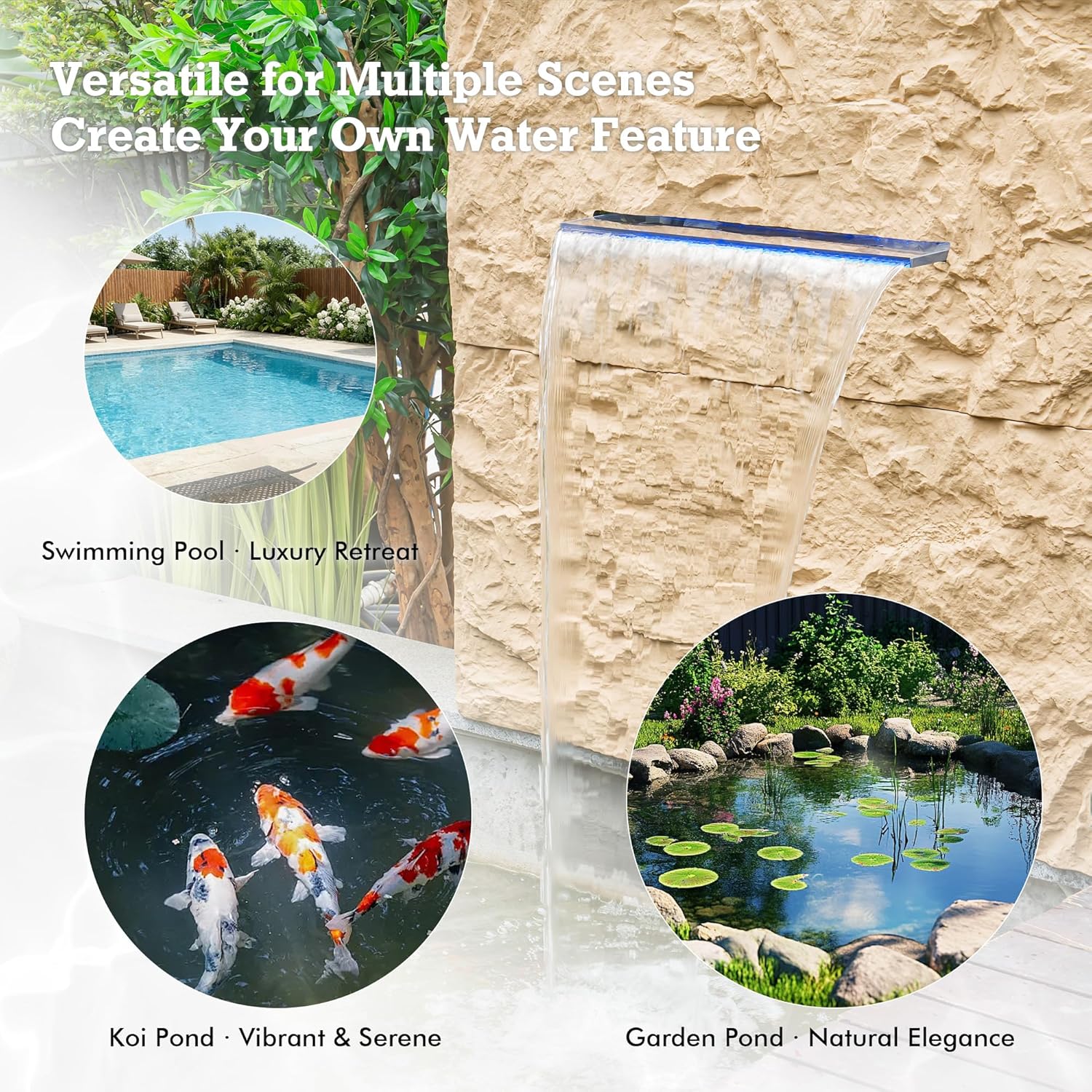 Waterfall Spillway with 7 Color-Changing LED Light, Sheer Descent Pool Fountain – Waterfall Kit for Outdoor Garden, Patio, Swimming Pool and Koi Pond Decoration (Acrylic, 24 Inch)