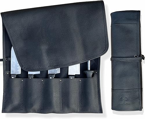 MARION - LA PETITE - Cuero auténtico de grano negro de grano superior de becerro Bolsa de almacenamiento de cuchillos de chef profesional hecha a