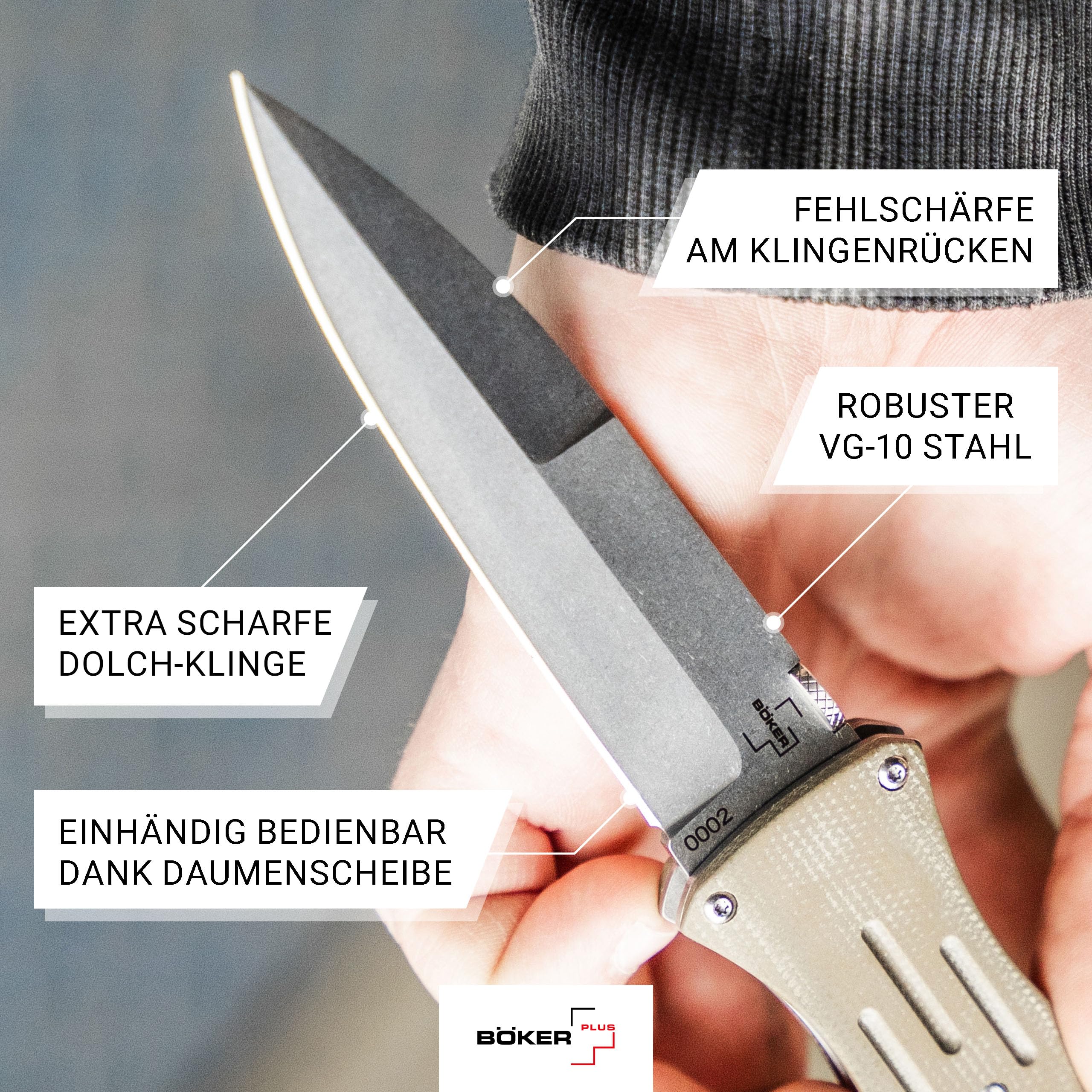 BÖKER PLUS® Atropos - Profi Einhand Taschenmesser mit VG-10 Stahl Dolch Klinge - taktisches Klappmesser - Tactical Linerlock Dagger Knife - 1 Hand Messer mit Micarta Griff - Einsatzmesser mit Clip