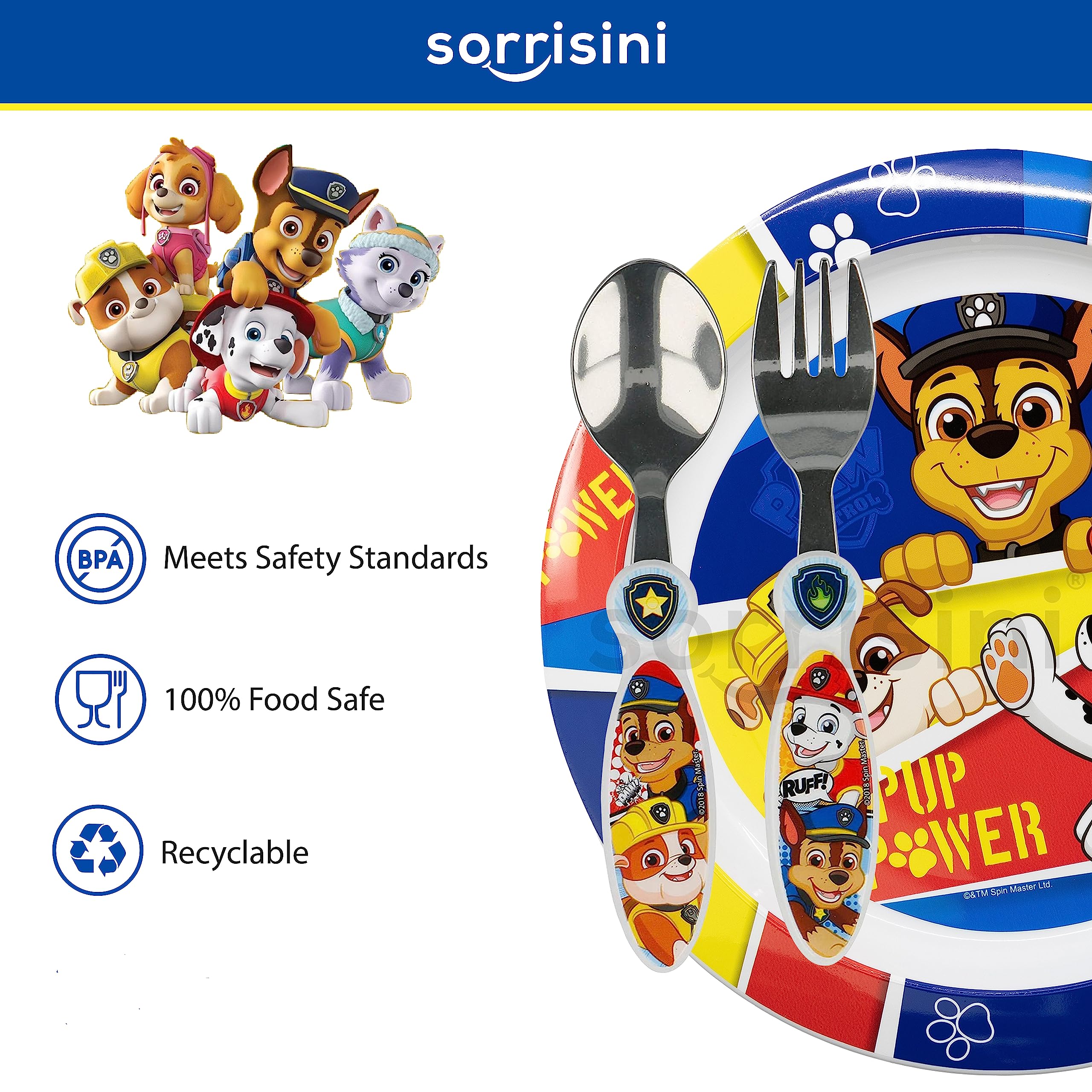 Set Stoviglie riutilizzabili per Bambini Andata per Microonde Marshall, Piatti Plastica Asilo, Scoula, Set Stoviglie piatto, posate in acciaio inox, Paw-Patrol
