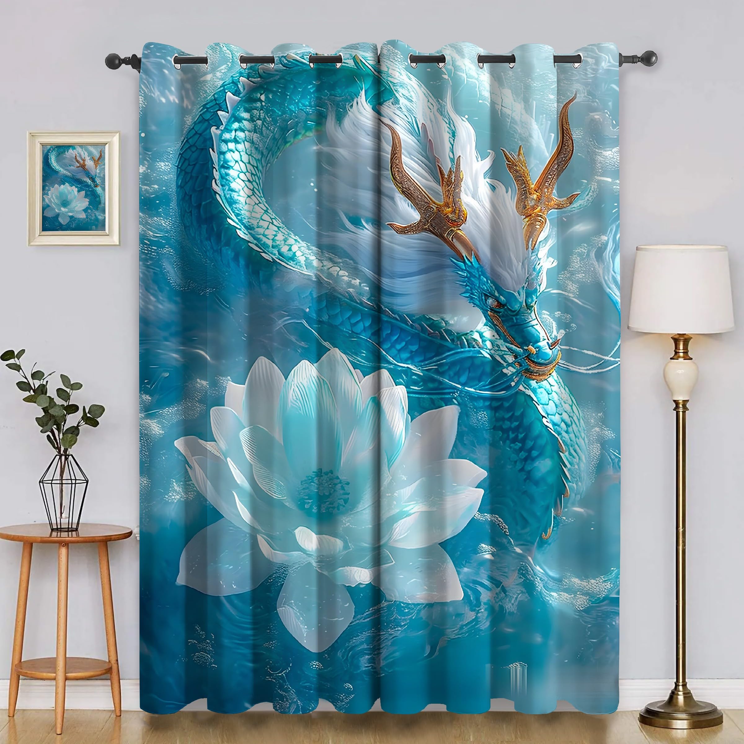 Rideau occultant dragon bleu et fleurs thermiques à oeillets lot de 2