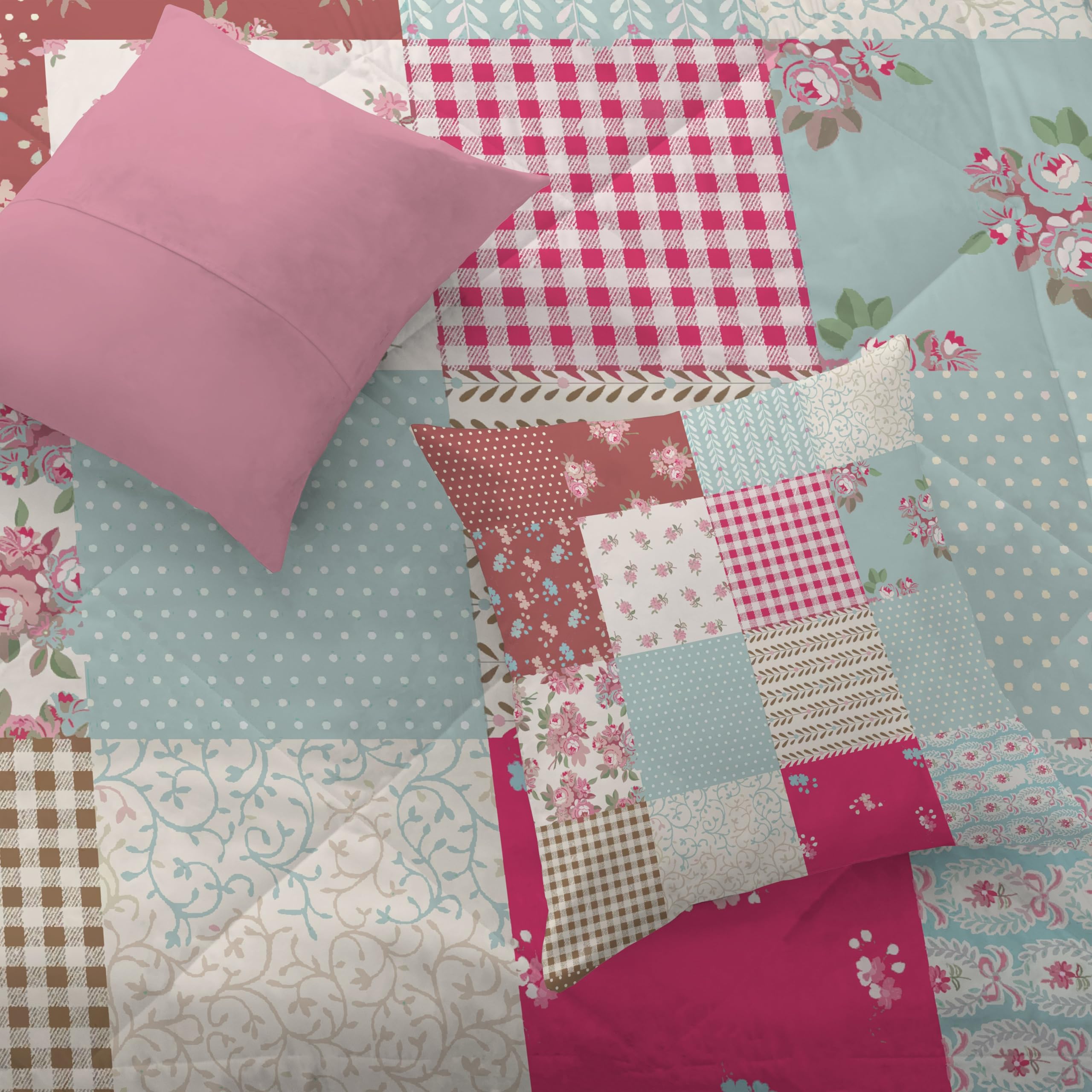 Blumen-Patchwork Bettdecke 135x200 4 Jahreszeiten, Wende Steppdecke 135x200, Warme Ganzjahresdecke Modernes Patchwork Bettdecke ohne Bezug Waschbar Schlafdecke mit 2 Kissenbezug 80x80cm