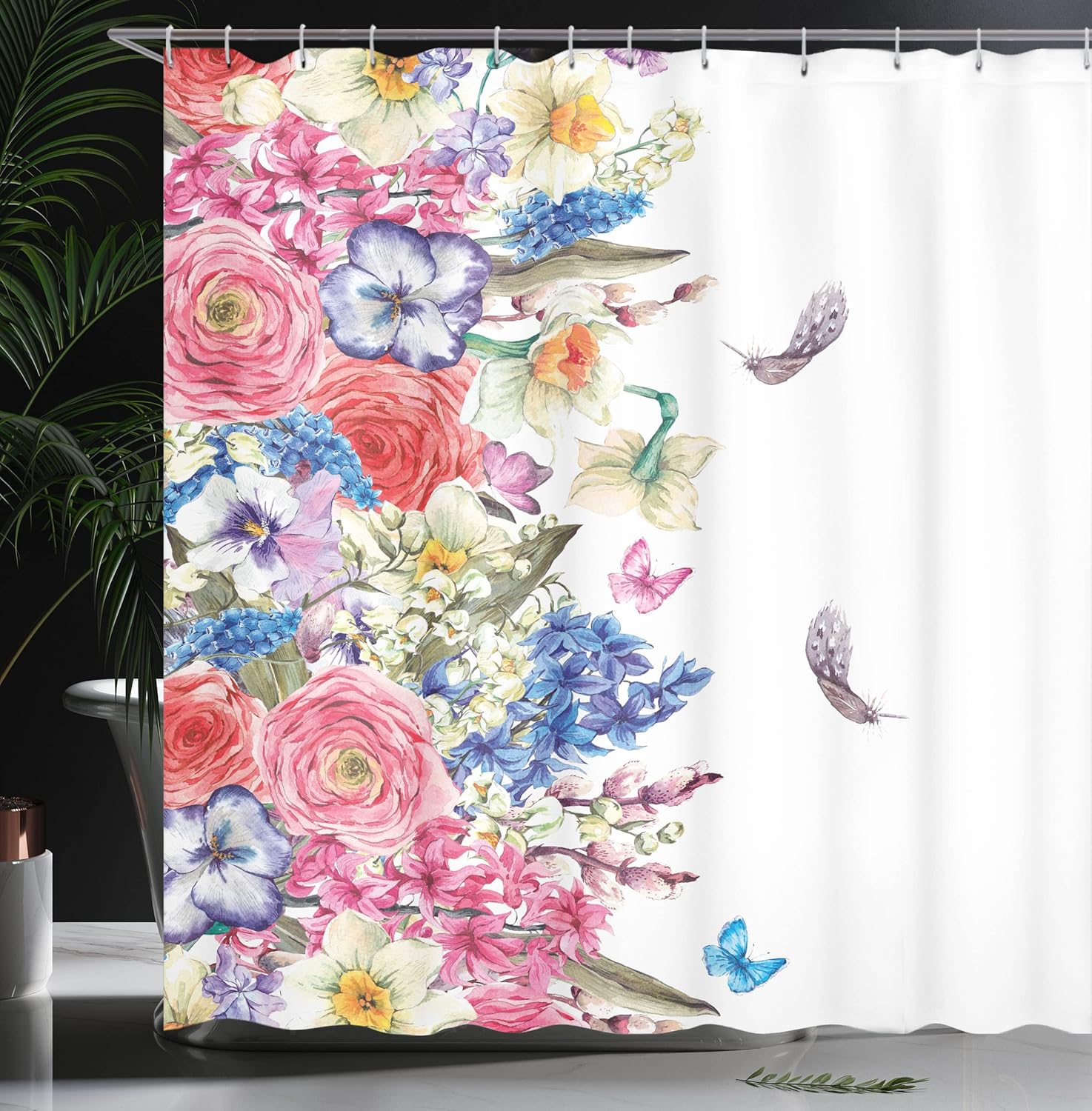 Ambesonne Flower Shower Curtain, Vintage Vivid Wreath with Daffodils Hyacinths Chamomile Lilies Butterfly Picture, Cloth Fabric Bathroom Decor Set with Hooks, 69" W x 70" L, Pink Blue