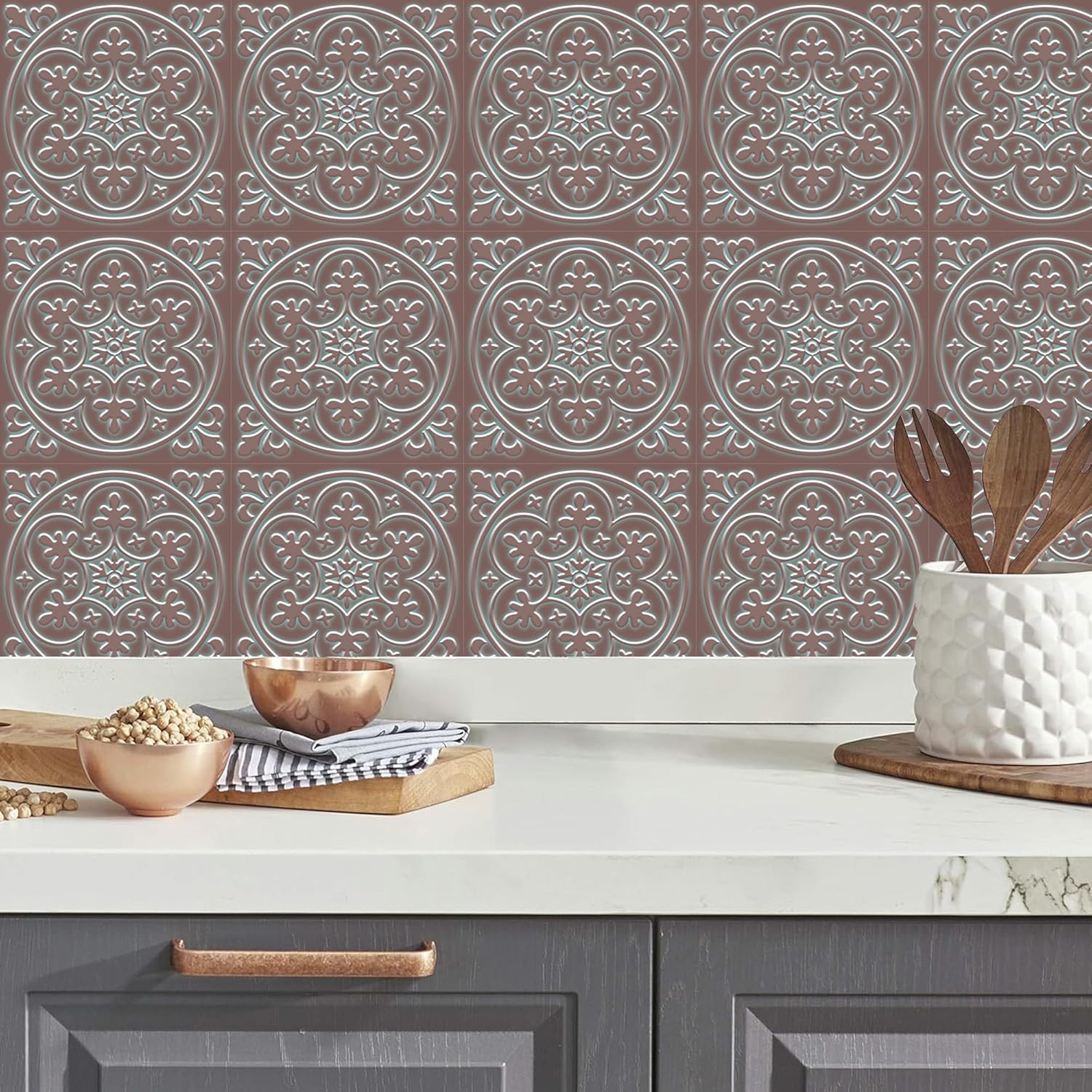 Peel and Stick Wall Tile Stickers Backsplash for Kitchen/Living Room/Bathroom in Metalic Design, 8x8 inch Pack of 10 Self Stick Paper Wall Tile Stickers for Your Home and DIY Projects (Bronzen)