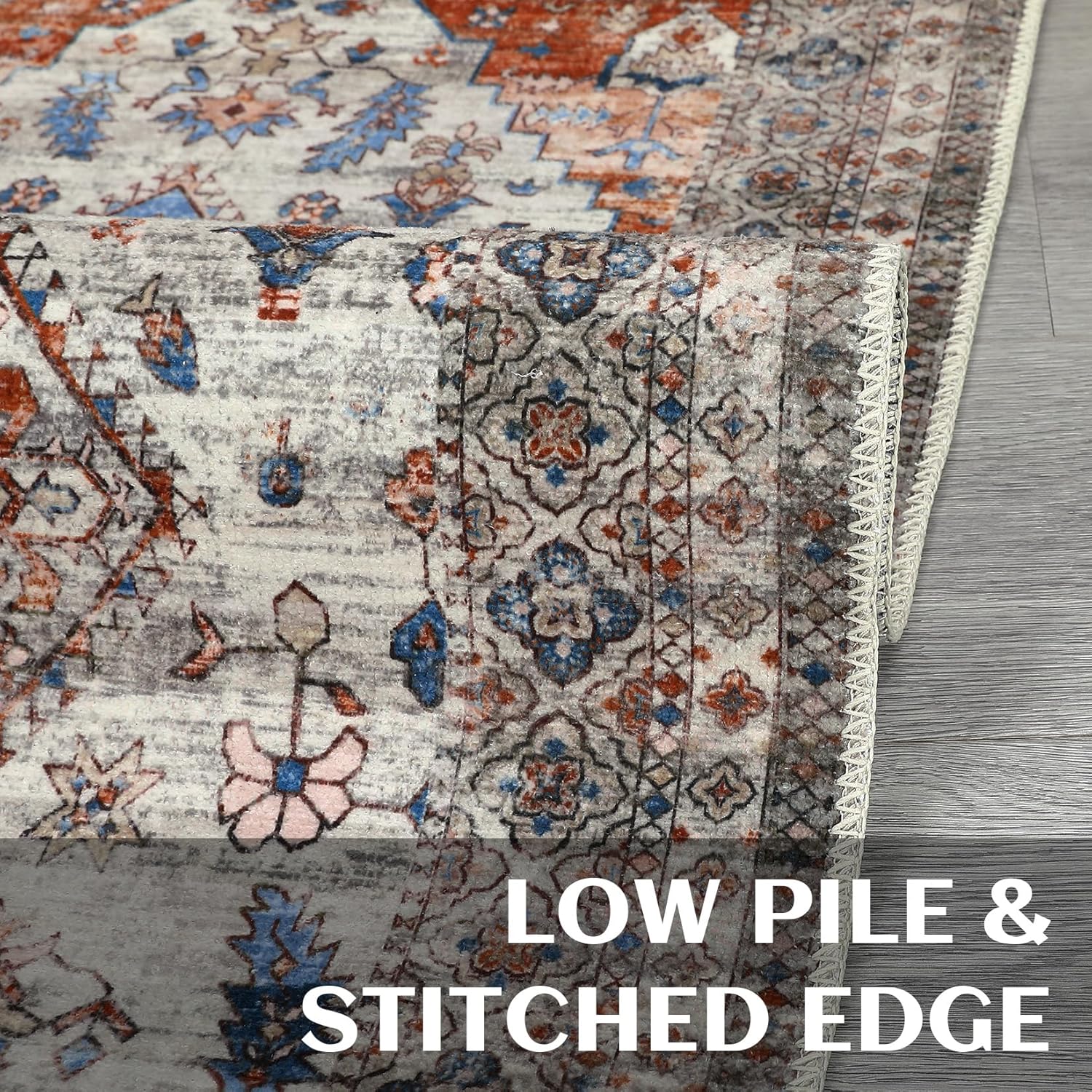 Washable 5x7 Area Rugs Vintage Oriental Living Room Rug Stain-Resistant Low Pile Non Slip Indoor Distressed Print Carpet for Bedroom Dining Room Farmhouse Home Office College Dorm,Brown