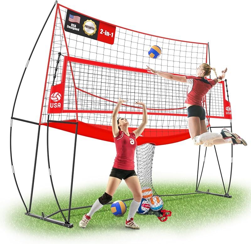 2-in-1 Volleyball Practice Net Station Backyard Training System | 5-Height (6'6'' to 8') Equipment for Hitting Spiking Serving Setting Indoor Outdoor Trainer, Portable Bag