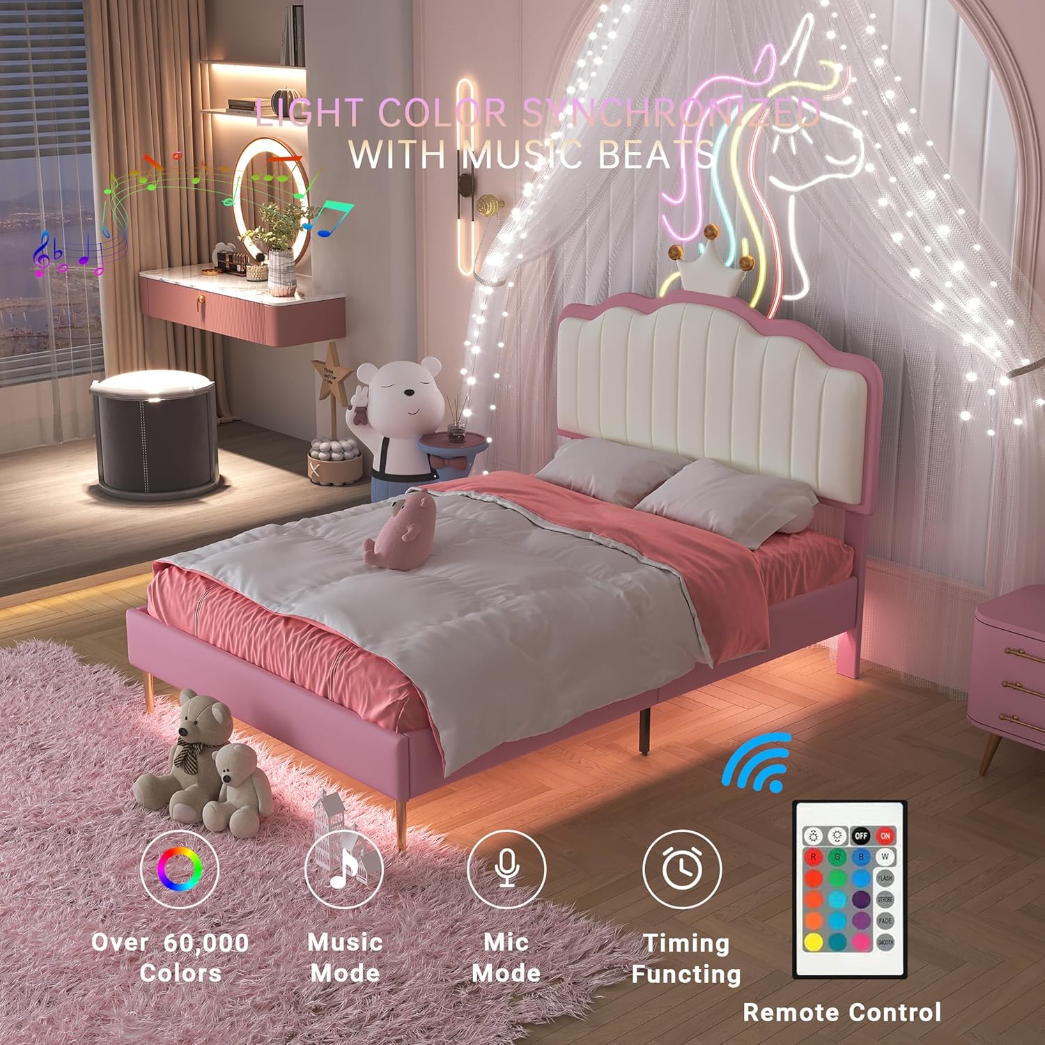 Twin Size Upholstered Princess Bed with Crown Headboard, Platform Bed Frame with Light Strips, Golden Metal Legs, Bed Frame for Girls Room, Ideal for Kids Bedroom