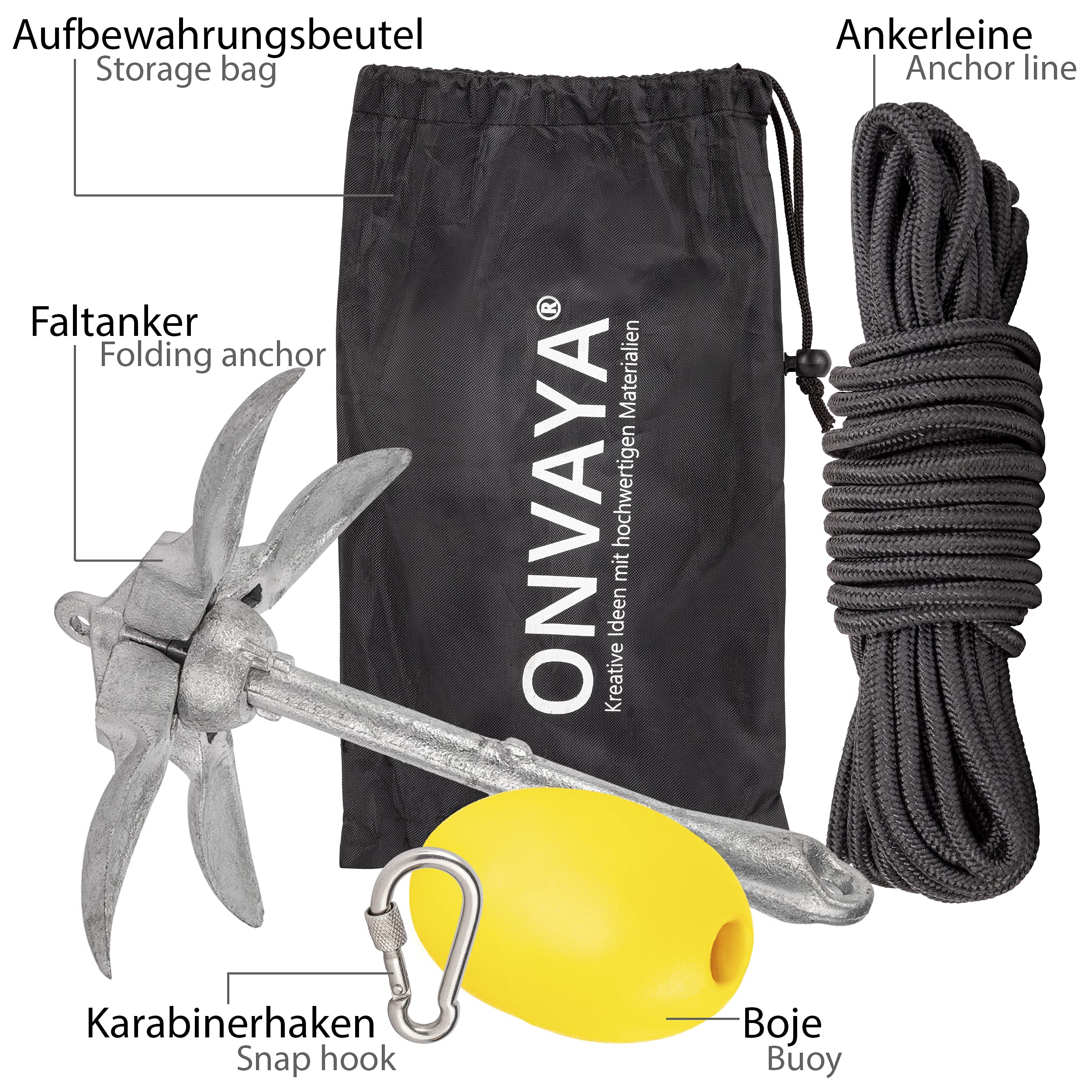 ONVAYA® Bootsanker | Klappanker | Set inklusive Ankerleine mit Karabiner, Ankerboje und Transportbeutel | Faltanker | Anker für Boot, Schlauchboot, SUP, Kajak, Kanu