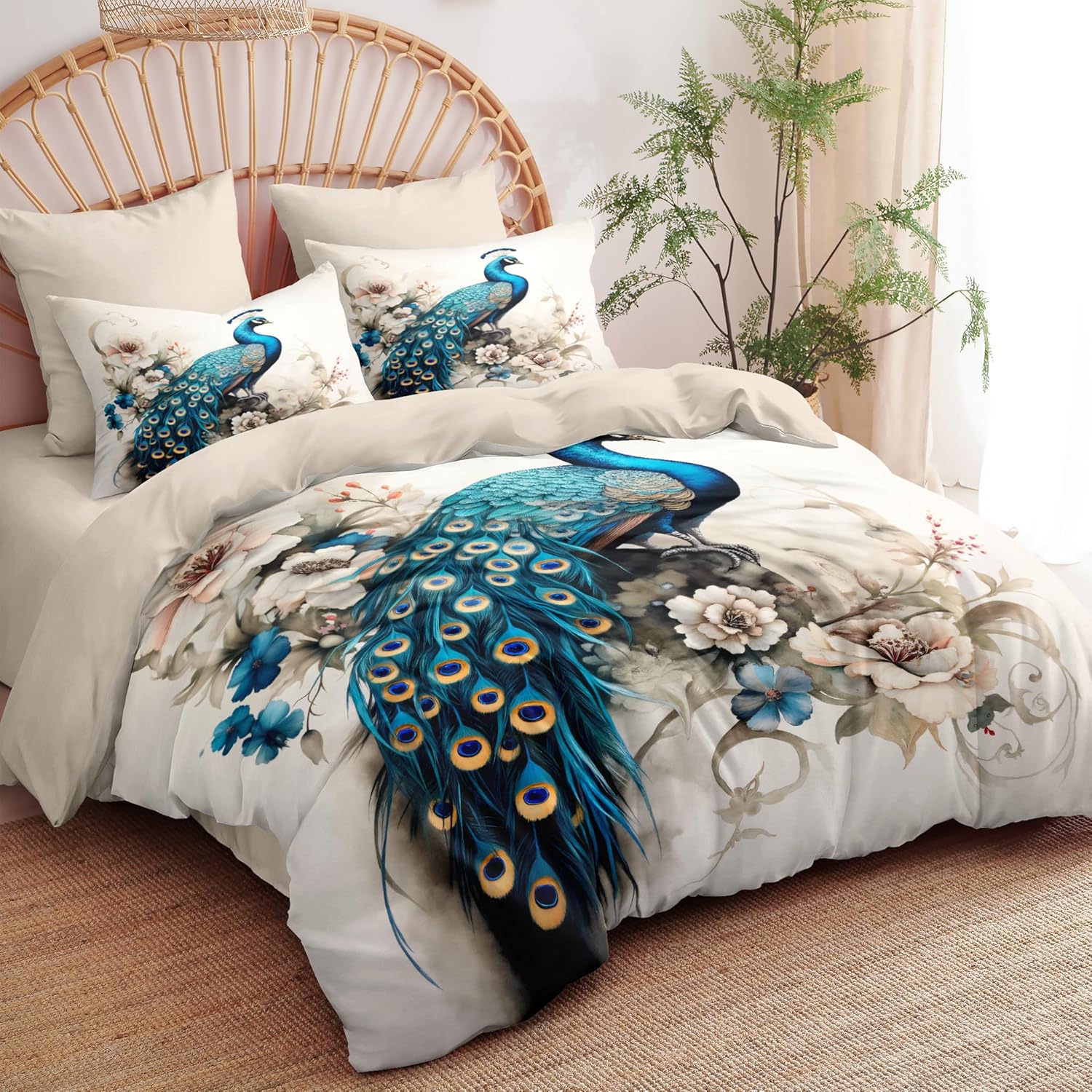 Peacock Comforter Set Queen Size Victorian Bird Floral Bedding Set for Women Girls Teal Peacock Feather Decor Quilt Set - 3Pcs Soft Fluffy Microfiber with 2 Pillowcases(90 * 90)