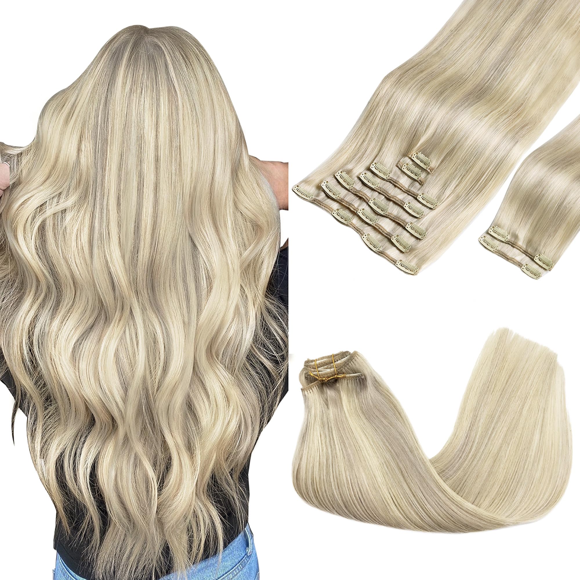 GOO GOO Clip in Hair Extensions Real Human Hair, Remy Human Hair Extensions Clip ins for Women, Natural Human Hair, 16inch 150g 9Pcs, 17A/60A Ash