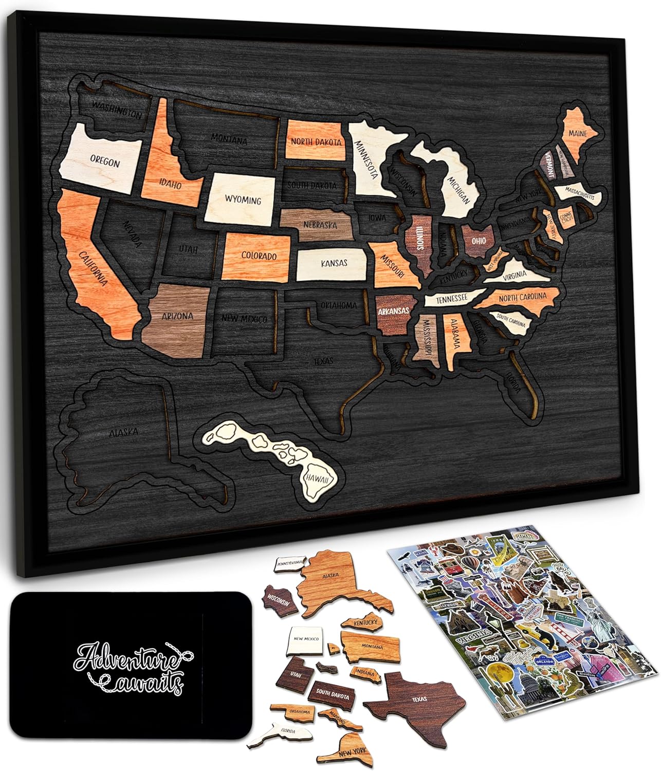 flinelife USAトラベルマップ、12x10インチ、木製USAマップパズル、カップルや家族へのギフトに最適