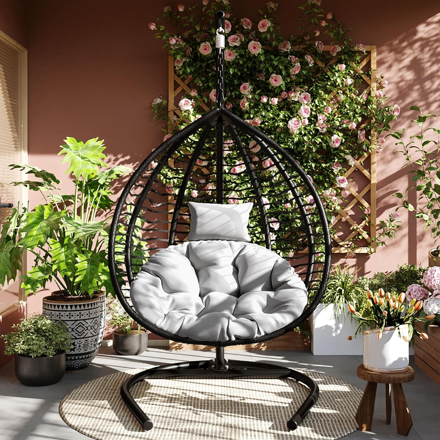 GDFStudio Hammock Chair with Stand, Rattan Wicker Hanging Egg Chair with Cushion and Headrest, Iron Frame Hammock Swing Chair for Indoor Outdoor Patio Balcony Porch Garden, 330lbs, Black+Gray