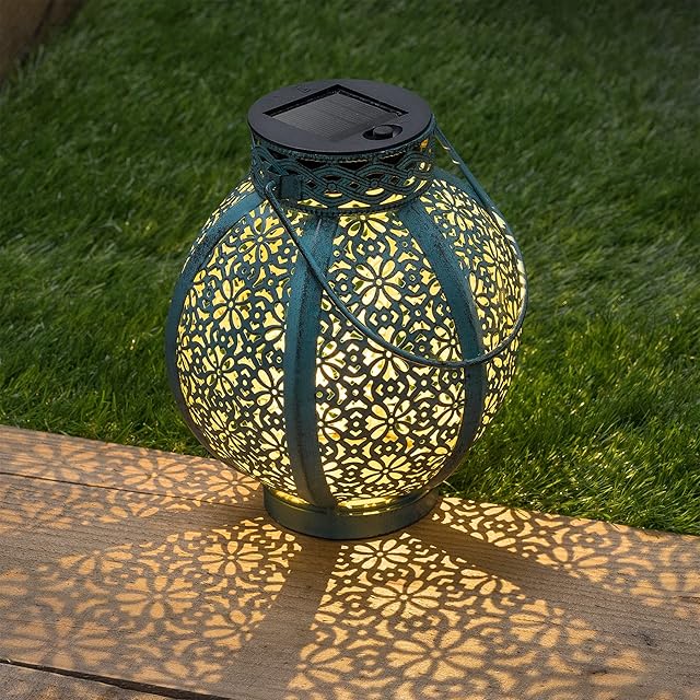 GloBrite Moroccan Outdoor Solar Lantern Light for Garden Pathway Ornaments- Waterproof Octahedral Bohemian Design Metal Landscape Hanging Lamp Lights for Porch Patio Yard Tree Table Decorations