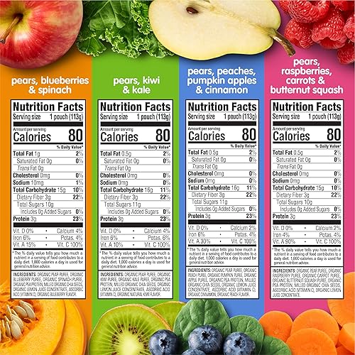 Miniatura 2 de Happy Tot Organics Super Foods etapa 4, peras, arándanos y remolacha (paquete de 16) y etapa 4 fibra y proteína, paquete variado de 4 sabores