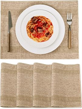 Feuille Burlap Placemats Set of 4 Washable Cloth Table Mats Natural Color Woven Farmhouse Boho Place Mats for Kitchen Table Indoor