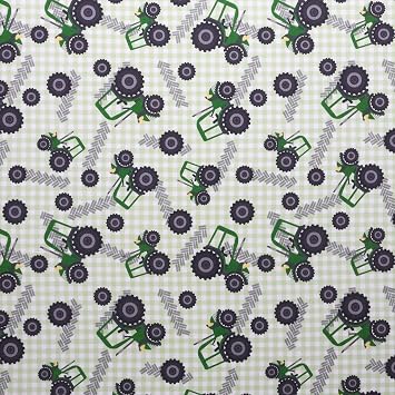 Mook Fabrics Cotton Little Farm Tractor, Green Cut by The Yard
