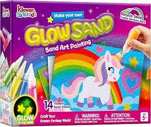 Klever Kits GlowSand Sand Art Kits for Kids, Glow in The Dark Sand Painting with 14 Colors, 6 Fantasy Templates & 4 DIY Sheets, Mess Free Arts and Crafts, Unicorn Christmas Gifts for Girls Ages 5+