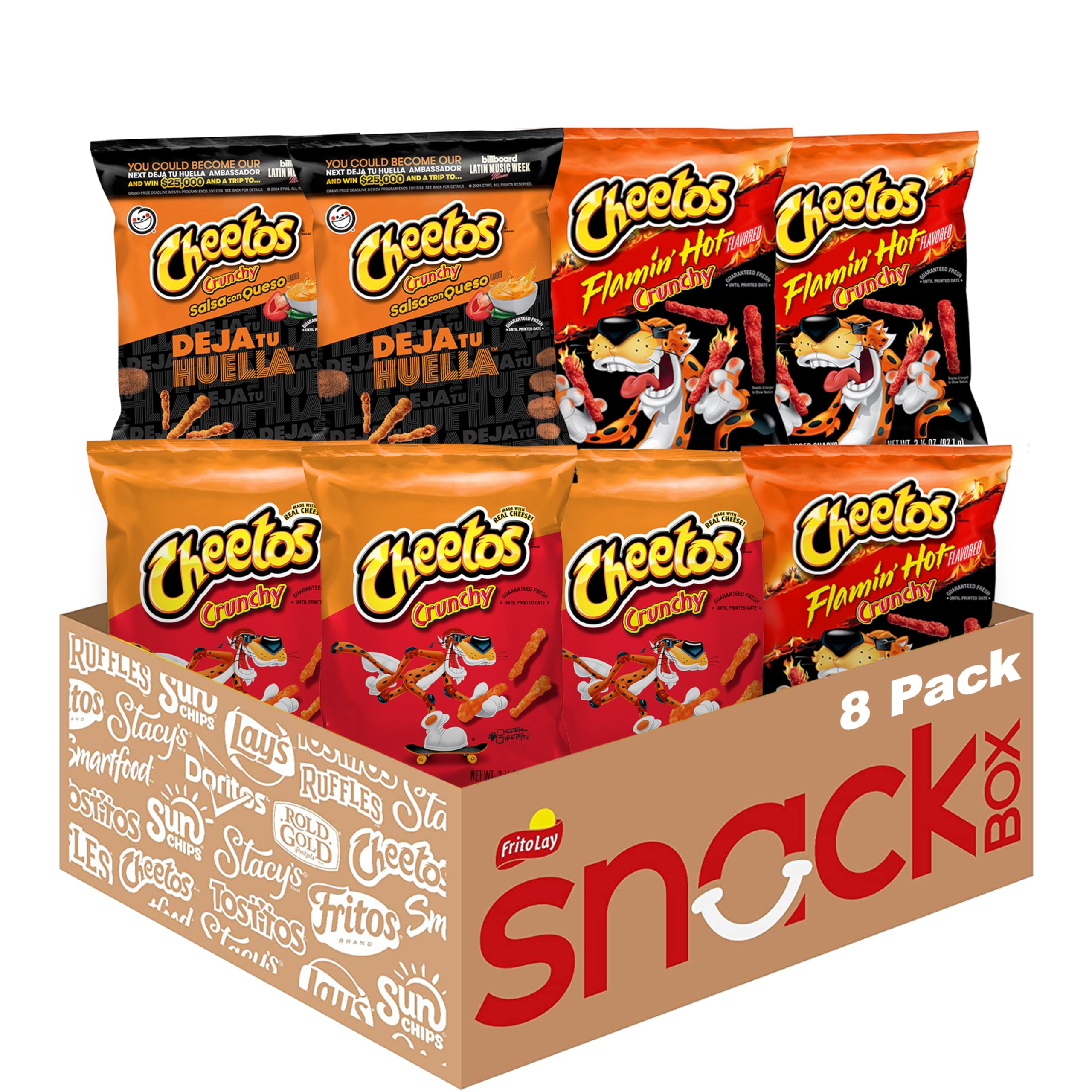 Photo 1 of Cheetos Cheese Flavored Snacks Variety Pack, Gluten Free, Flamin' Hot, Crunchy & Deja Tu Huella, 3.25 Oz (Pack of 8) Cheetos Salsa Con Queso Variety 3.25 Oz (Pack of 8)