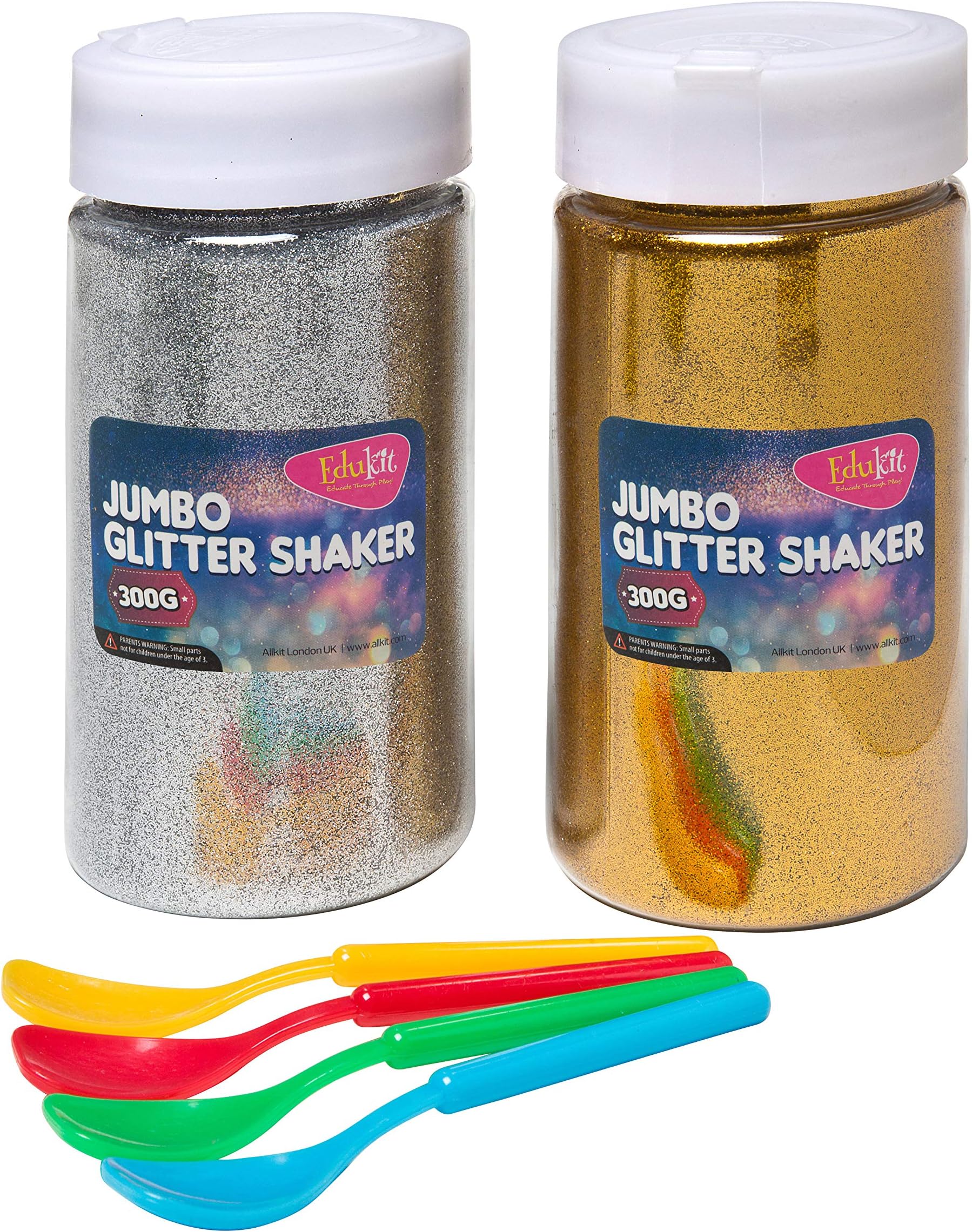 edukitGlitter Jumbo Shaker Set; Gold and Silver; 300g each; Including Spreaders - Perfect for Adding Sparkles to Arts and Craft Projects and Nail and Face Art