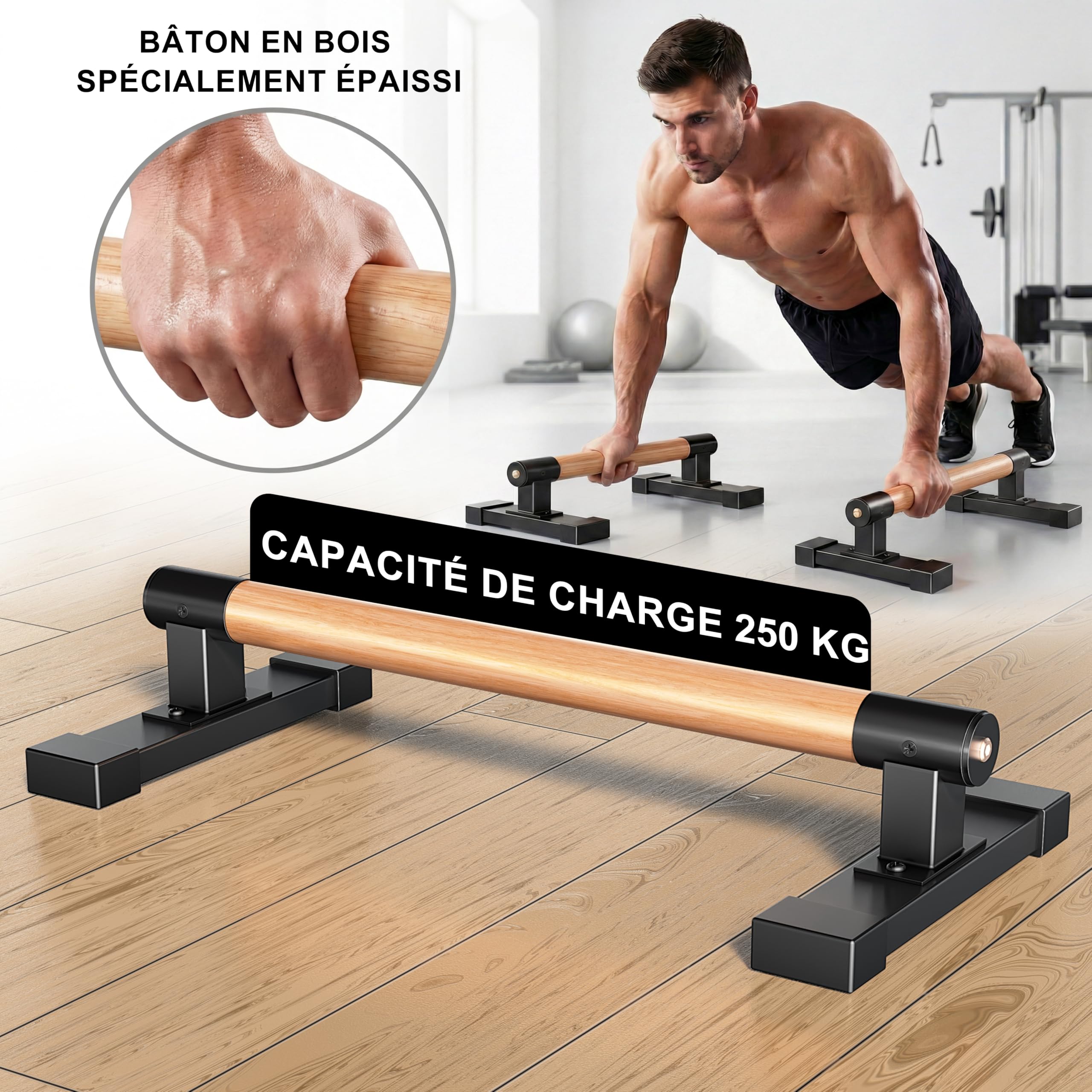 Parallettes, Barres parallèles pour Calisthenics, barres de musculation pour pompes, équilibres sur les mains et entraînement de force avec poignées en bois de hêtre, Équipement de fitness