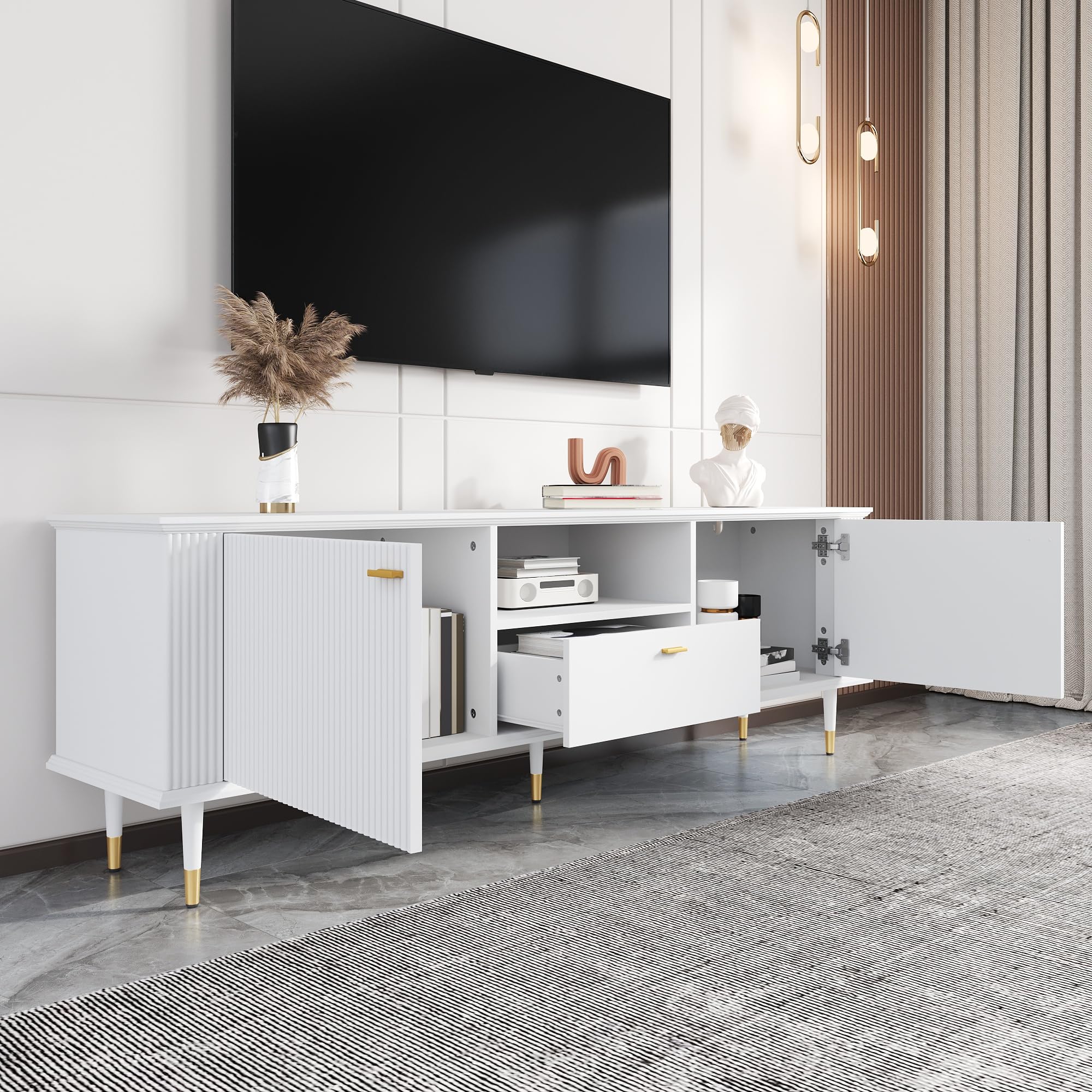 TV-Lowboard mit Soft-Close & Golddetails, 2 Türen, Schublade, Weiß