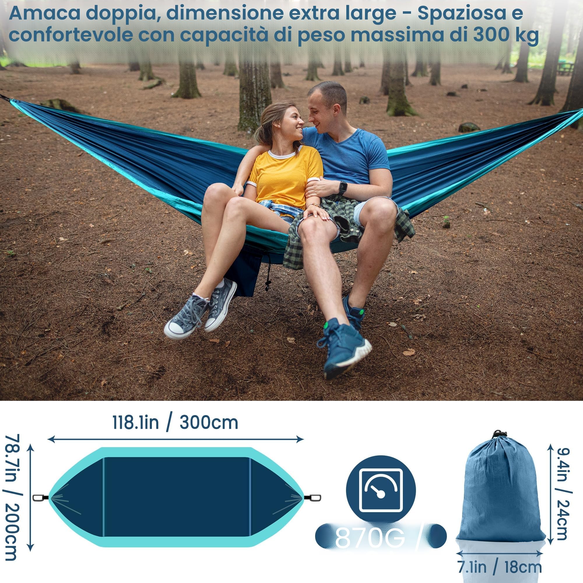 Amaca Matrimoniale XXL 300x200 cm 300 kg Portata Esterno Giardino Campeggio Portatile Blu