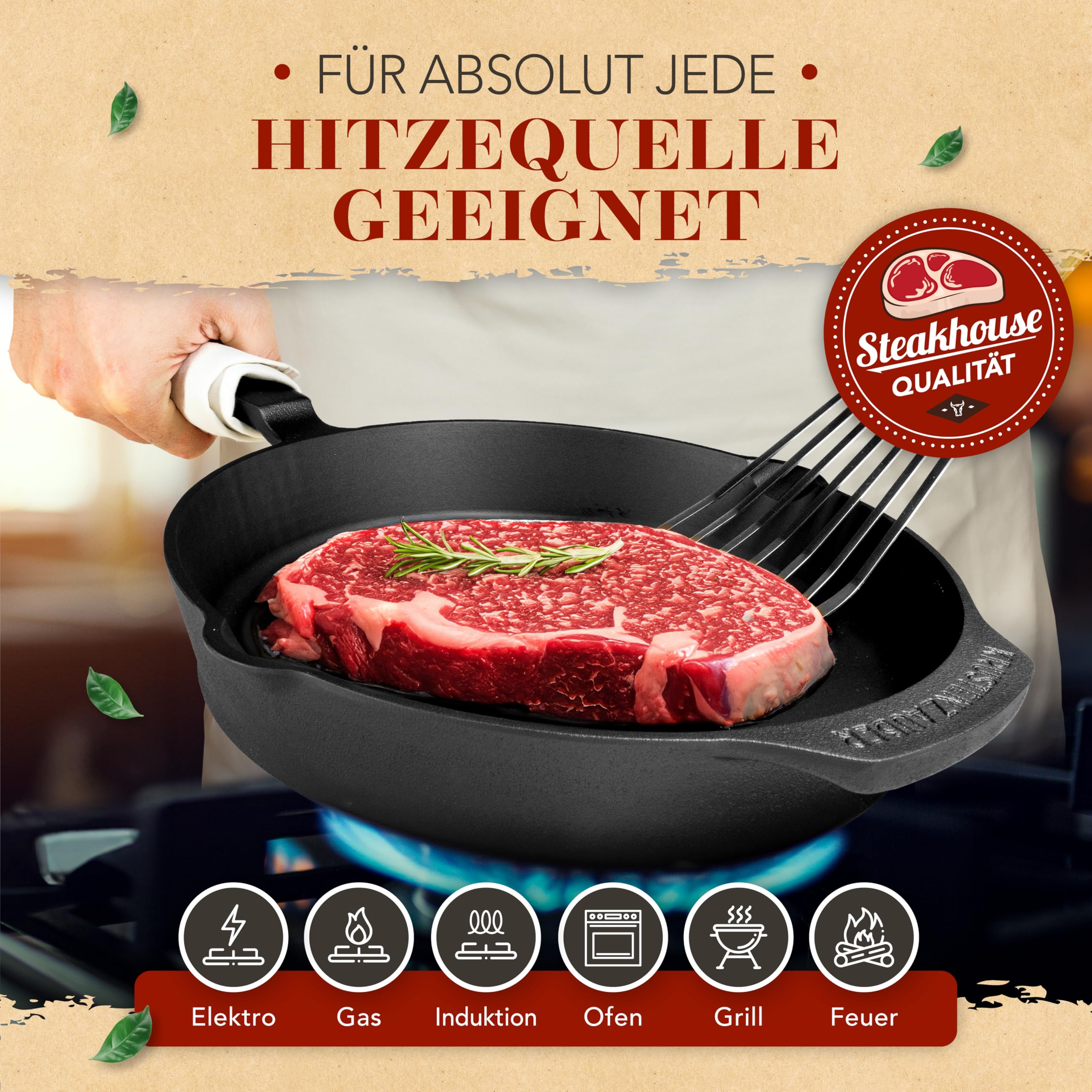KRUSTENZAUBER 28cm Gusseisenpfanne Induktion Set - Voreingebrannte Gusseisen Pfanne - Ideale Grillpfanne Induktion, Eisenpfanne, Cast Iron Pan, Bratpfanne, Gusseiserne Pfanne Skillet Gusspfanne
