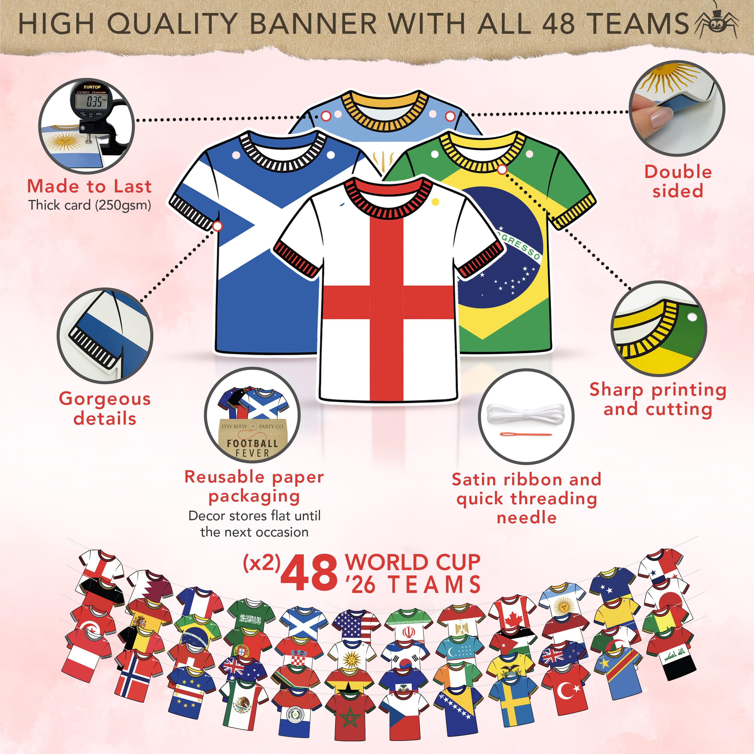 Banderines reutilizables Copa del Mundo 2026 2 unidades 48 equipos decoración fútbol pancarta de papel
