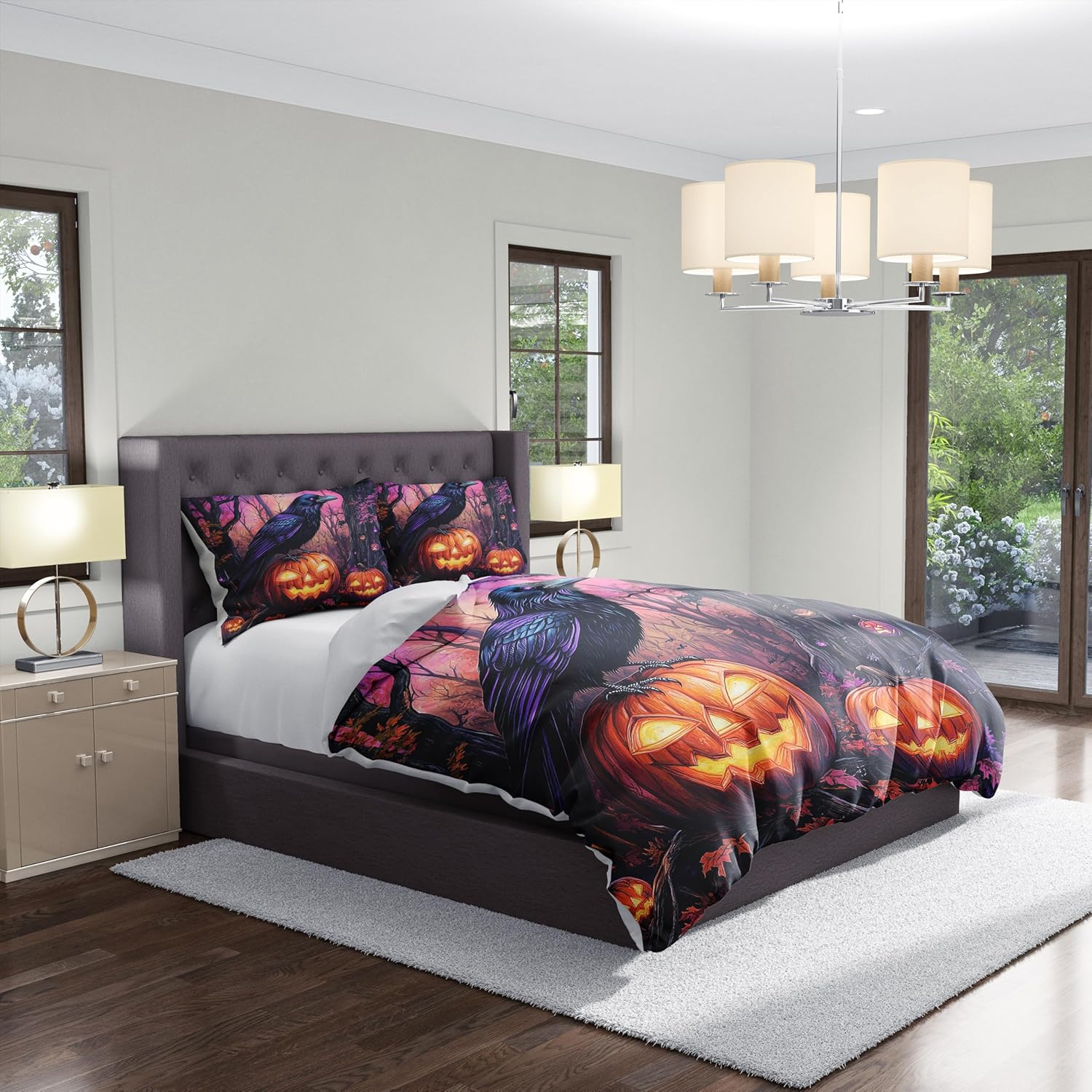 Reofrey 3-Piece Queen Comforter Cover Set with Halloween Crows Cartoon Patterns - Queen Size Microfiber Bedding Set Includes 90"x90" Duvet Cover and 2 Pillowcases, for Boys, Girls, Adult Room Decor