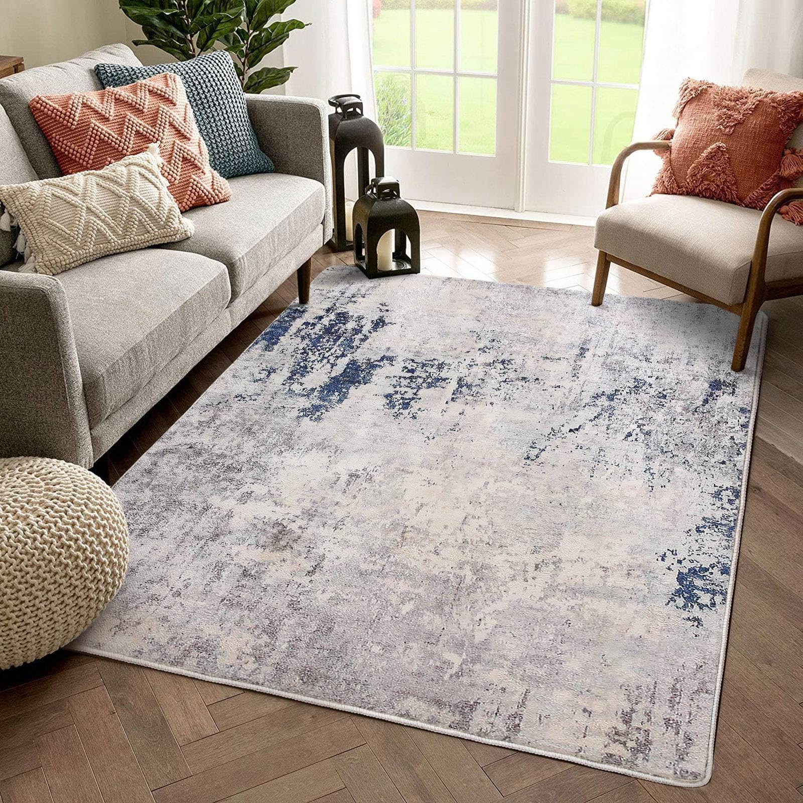 Fenisonavy Rugs Living Room Grey Area Rugs for Bedroom Modern Abstract Rug Large Short Pile Rugs Carpet Non-Slip Soft Living Room Rugs Room Decor (120 x 170 cm, Dark Blue/Grey/Beige)