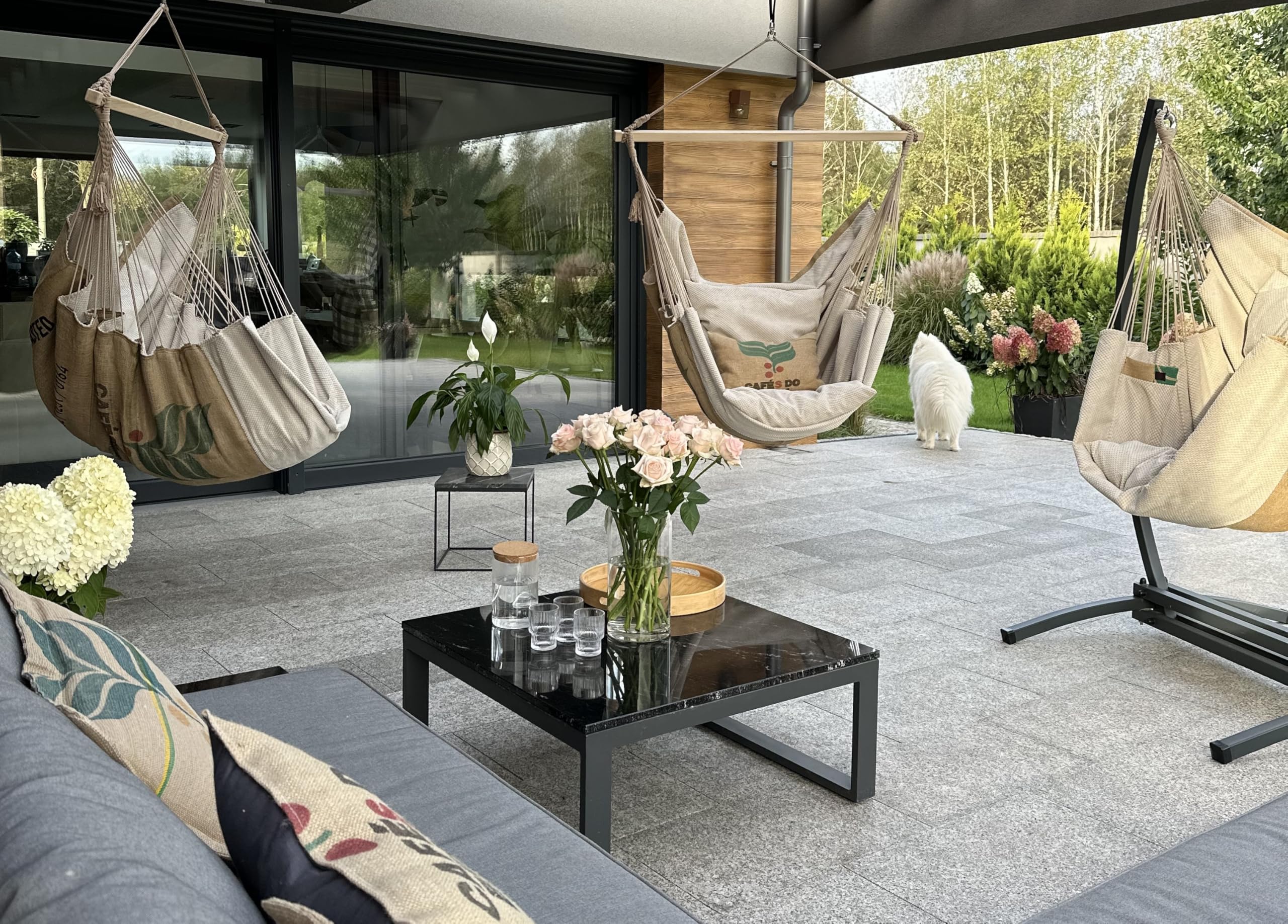 Izabell Fauteuil suspendu avec grands coussins - Chaise à bascule XXL et hamac pour intérieur et extérieur - Balançoire à café en sacs de jute (beige 2)