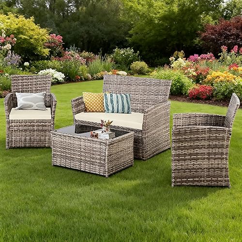 Miniatura 7 de Juego de muebles de patio de 4 piezas, juego de conversación de mimbre para exteriores, sofá modular de ratán con mesa de centro de cristal y cojín