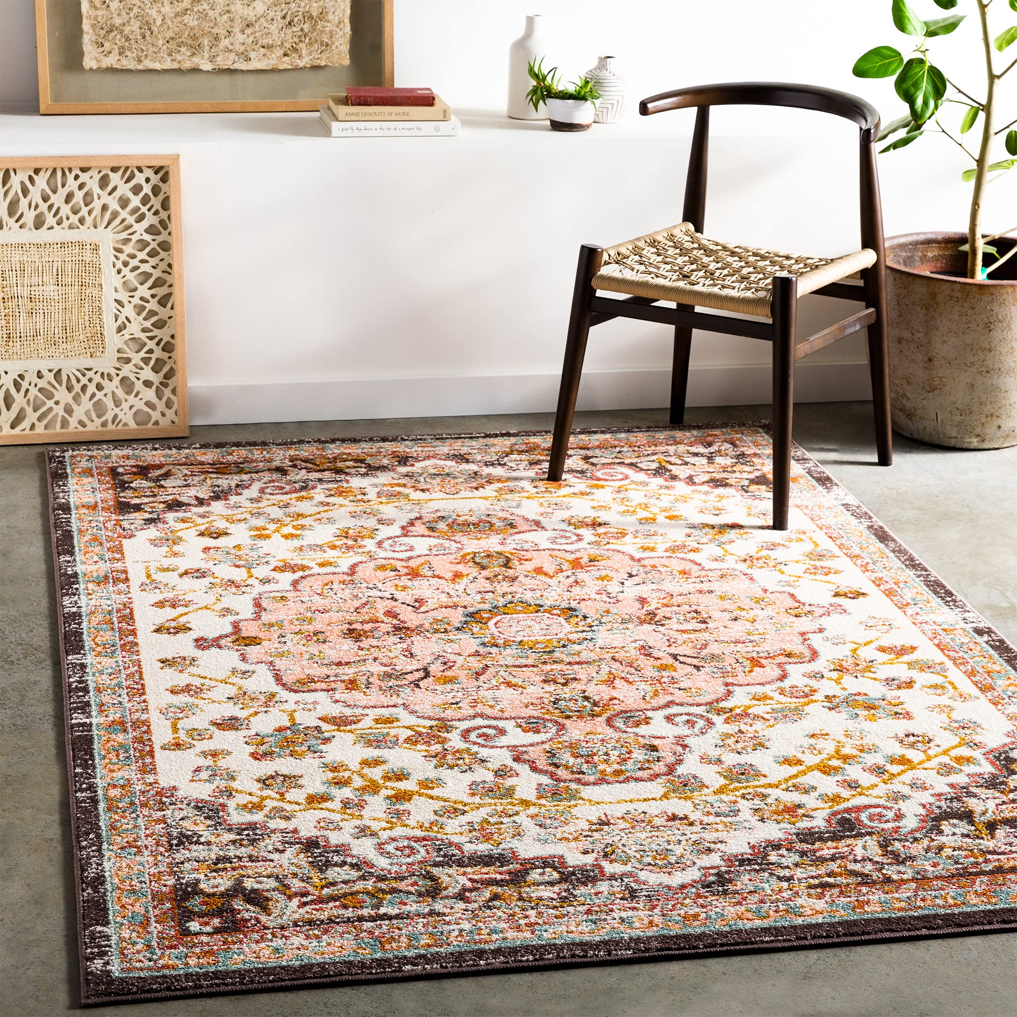Livabliss Celia Bray Vintage Carpet 160x220 cm – Traditional Multicolour Boho Style Rug for Living Room, Dining & Kitchen, Easy Care Floor Covering, Brick Red White