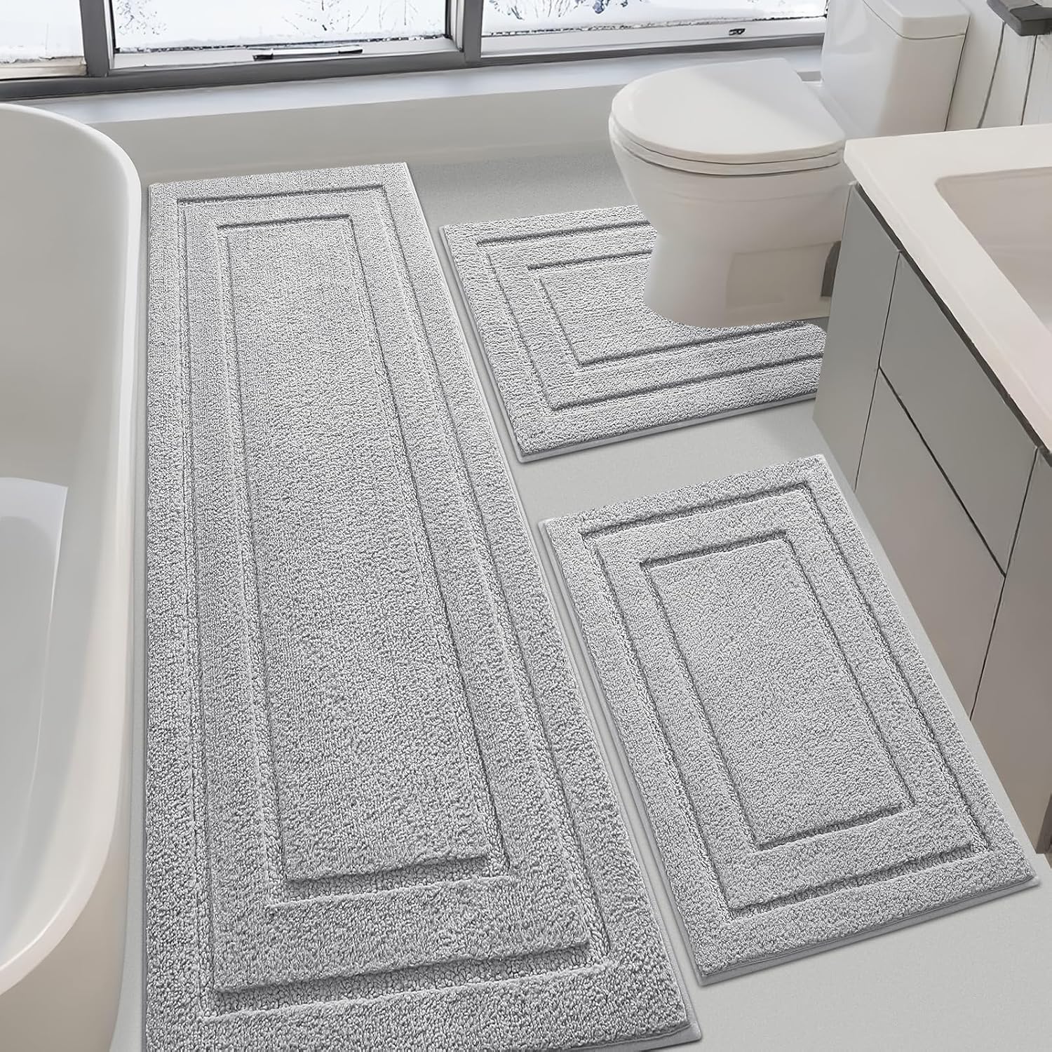 IM HOME Bathroom Rugs Sets 3 Piece, Ultra Soft Plush Fluffy Microfiber Absorbent Bath Mat, Non-Slip Backing, Machine Washable Bath Mats for Bathroom Floor, Tub, Toilet and Shower, Grey/Bordered