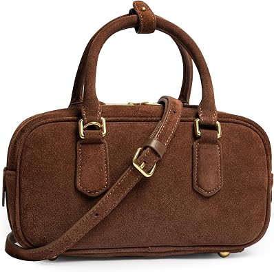 DORIS&JACKY Suede Leather Top Handle Tote Purse for Women Small Retro Bowling Boston Satchel Clutch Bag