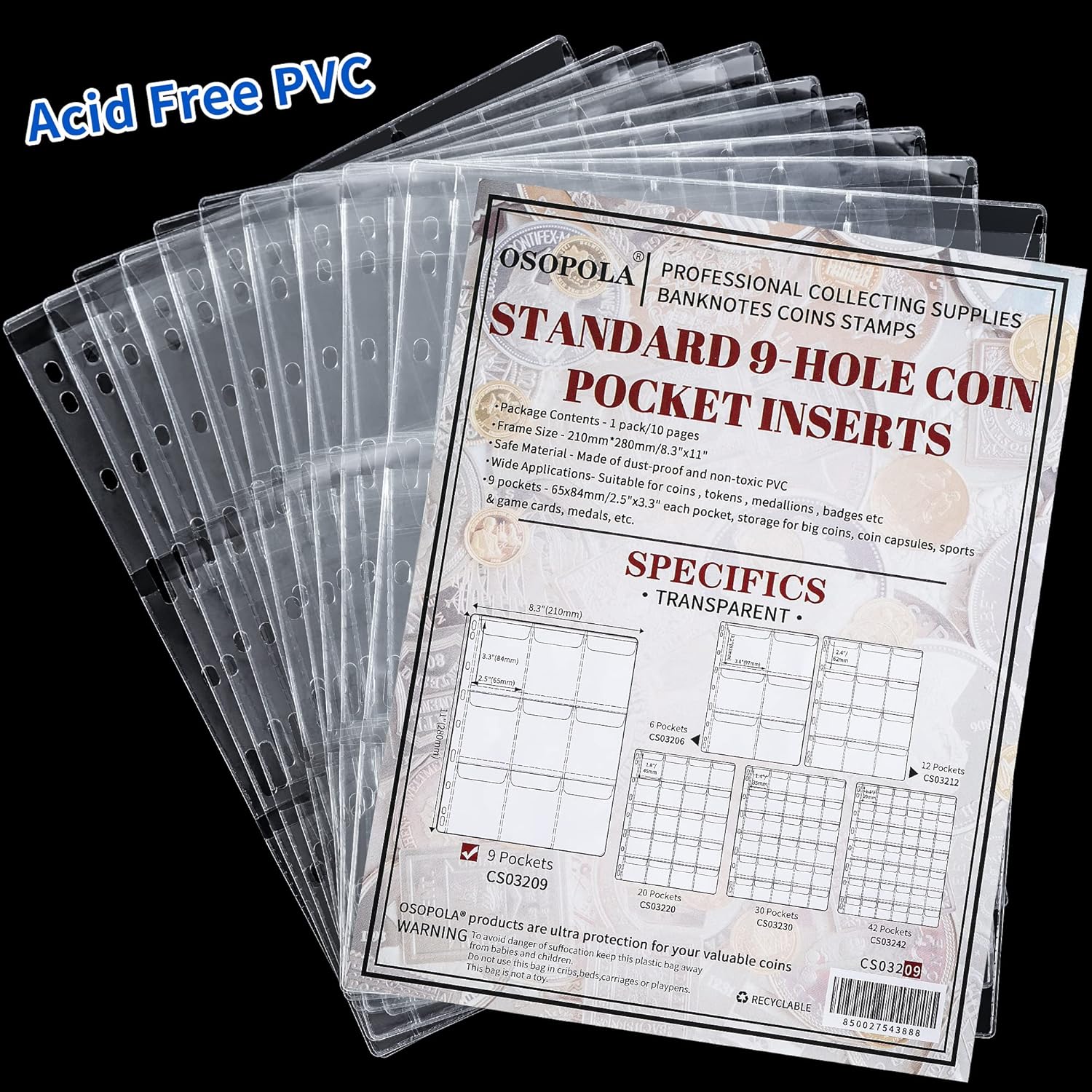 90 Pockets Coin Binder Pages - 2.5×3.3 inch Holders 10 pcs Loose-Leaf Sheets Acid-Free Collection Holders for Medallion Coin Stamp Currency Collecting Supplies 65x84 mm / 2.56x3.30 inch CS03209