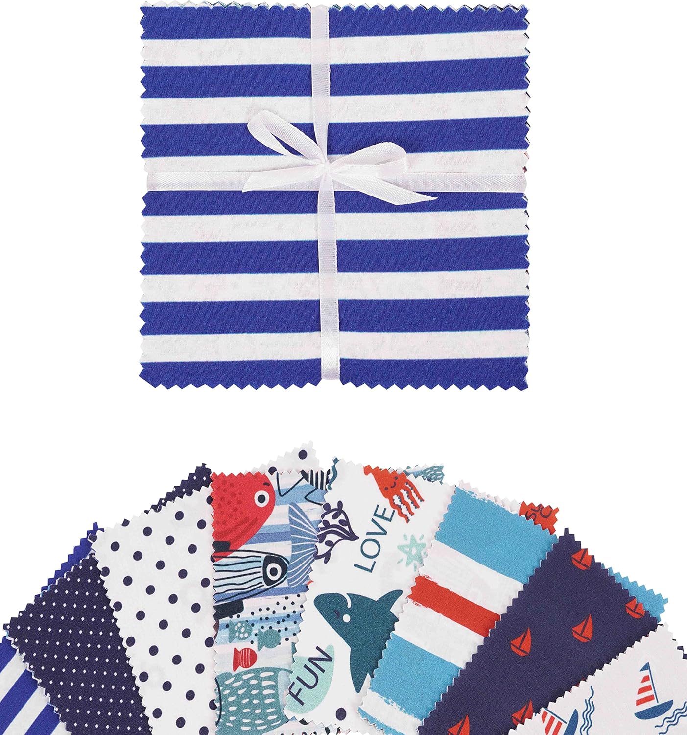 Soimoi Precut 10-inch Nautical Prints Cotton Fabric Bundle Quilting Squares Charm Pack DIY Patchwork Sewing Craft- White & Blue