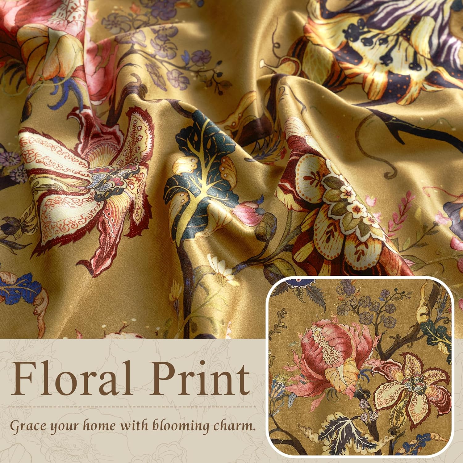 StangH Yellow Velvet Floral Curtains 84 Inches for Living Room,Vibrant Printed Botanical Pattern Victorian Elegant Vintage Farmhouse Fall Drapes,52Wx84L,2 Panels