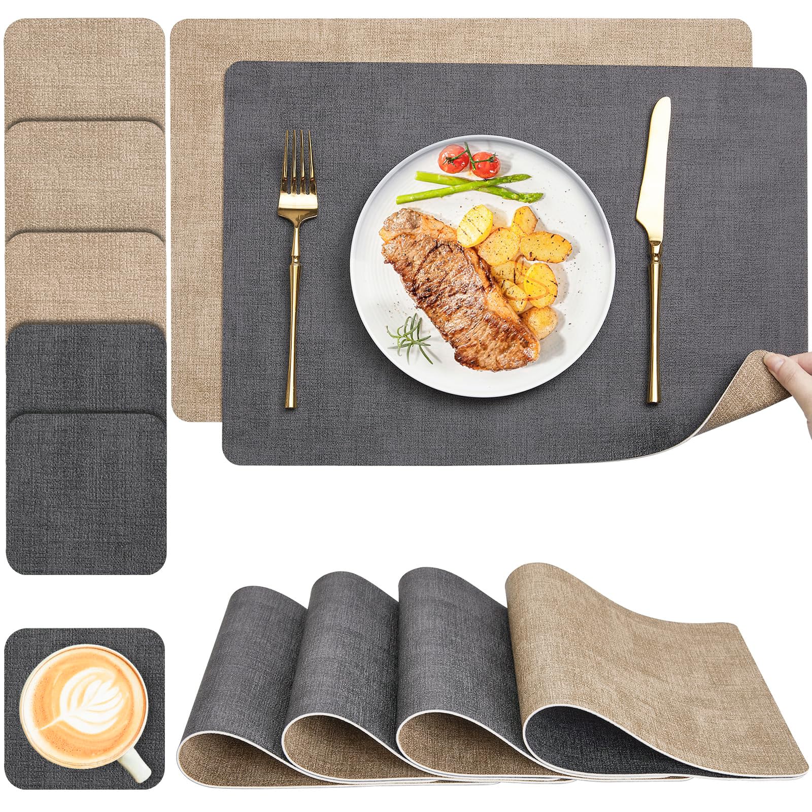 Myir JUN Tischsets Abwaschbar und Untersetzer, Platzsets Abwaschbar Doppelseitigen Platzdeckchen Kunstleder rutschfest Tischset Lederoptik für Speisetisch
